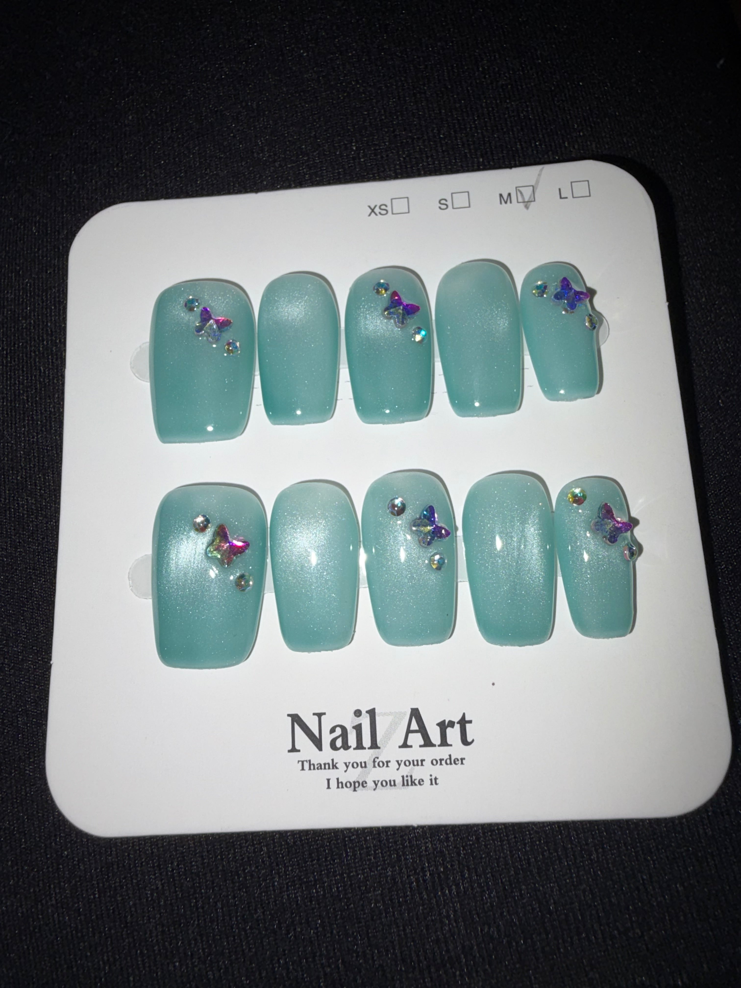 Blue butterfly charm press on nails