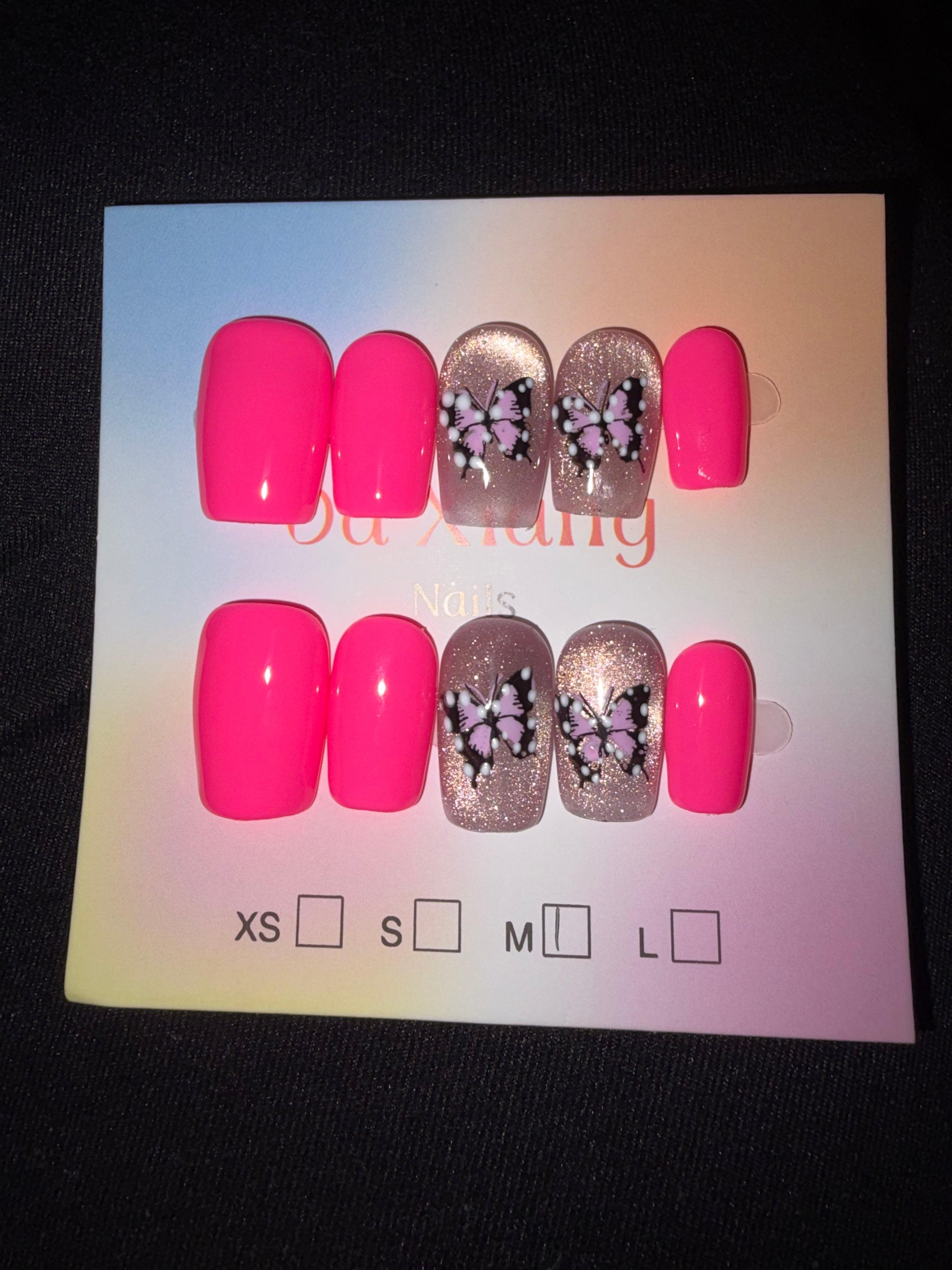 Hot pink butterfly press on nails