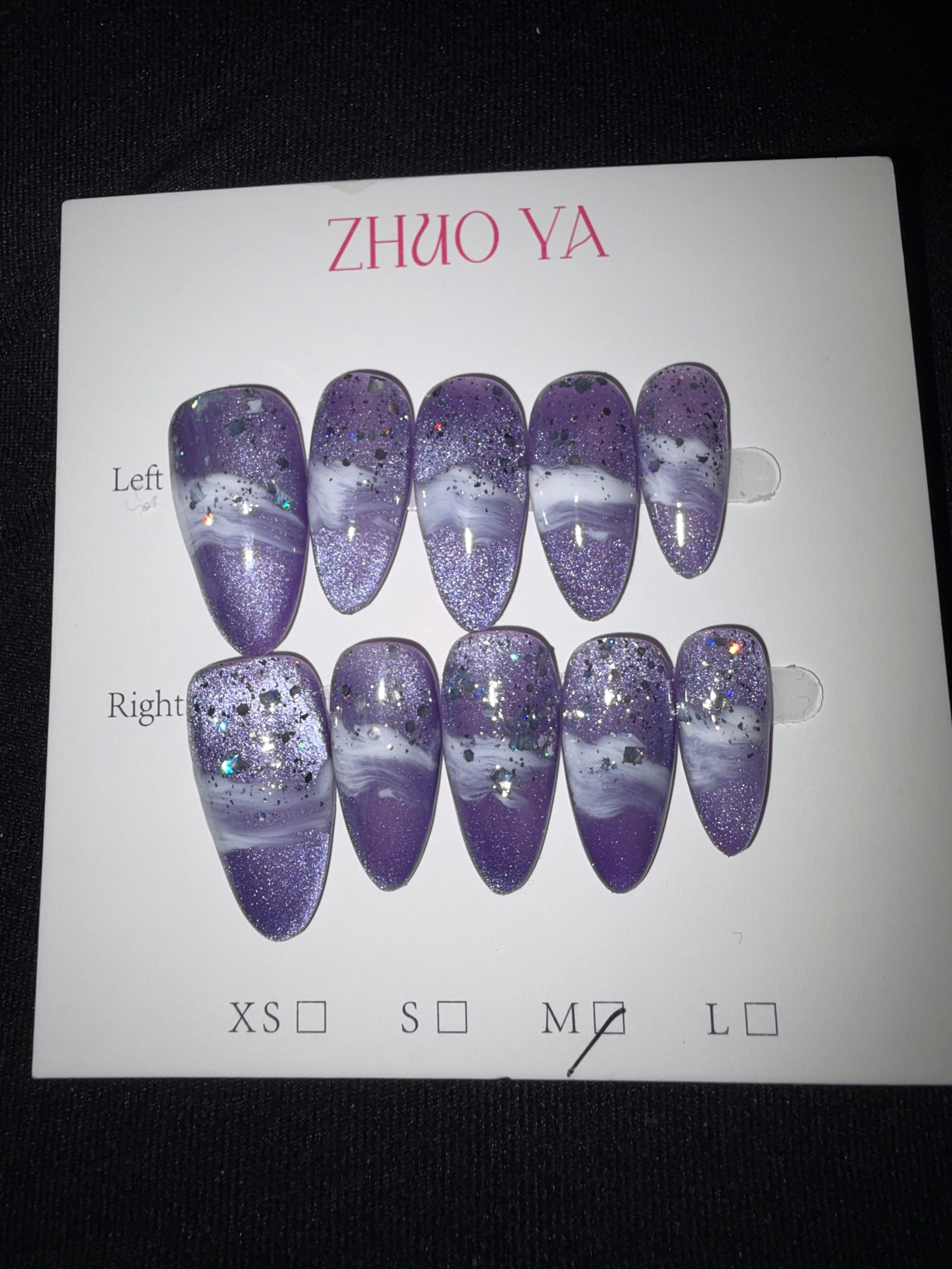 Purple white zhuo ya press on nails