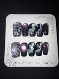 Purple cateye white detailing press on nails