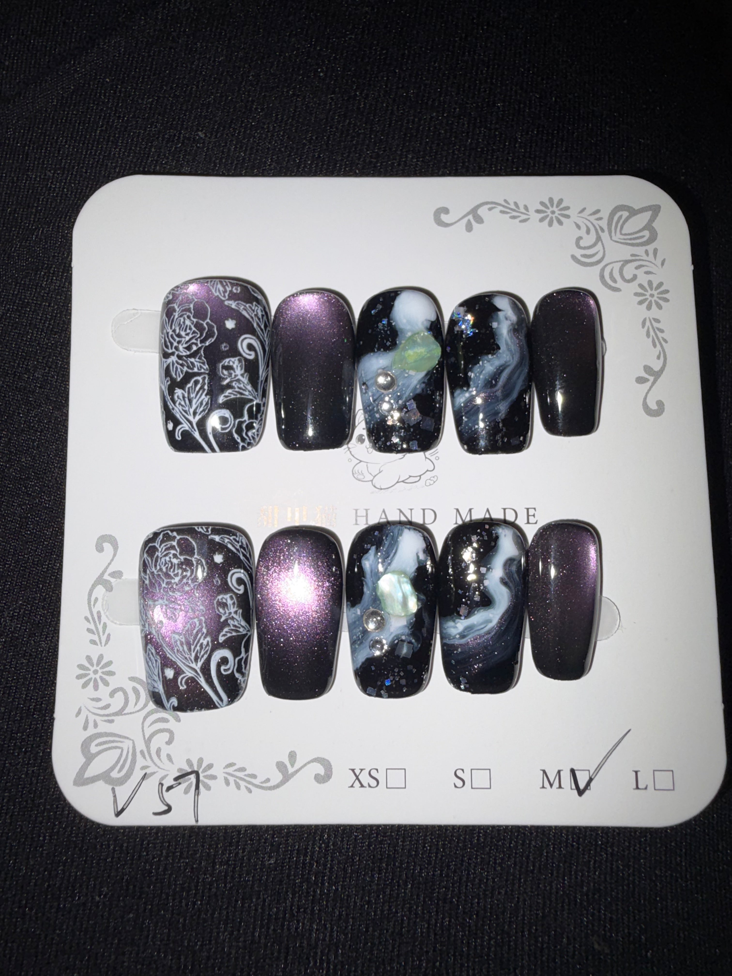 Purple cateye white detailing press on nails