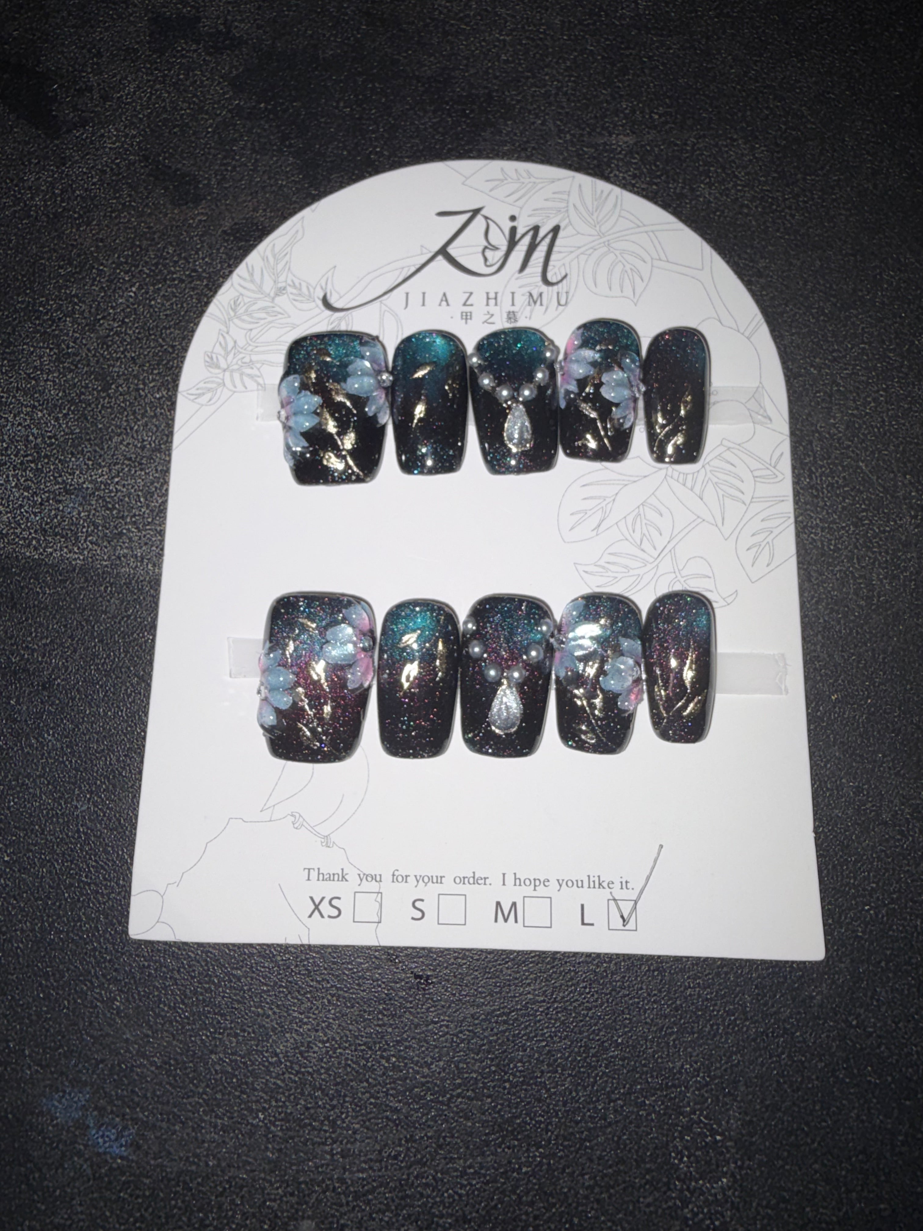 Blue black ombré 3D Jia Zhi Mu nail set