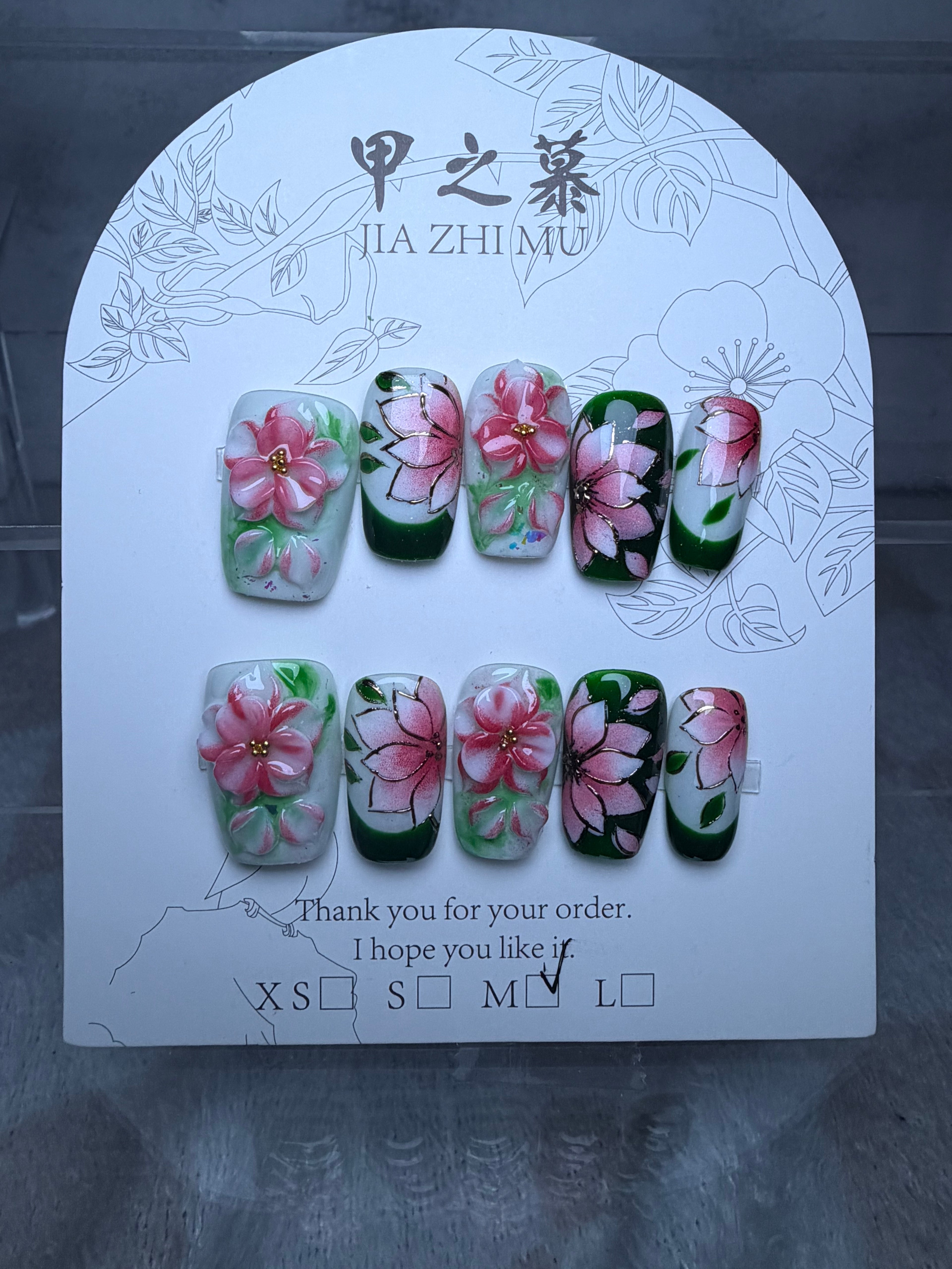 Green floral Jia Zhi Mu nail set