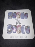 Blue cateye gold press on nails