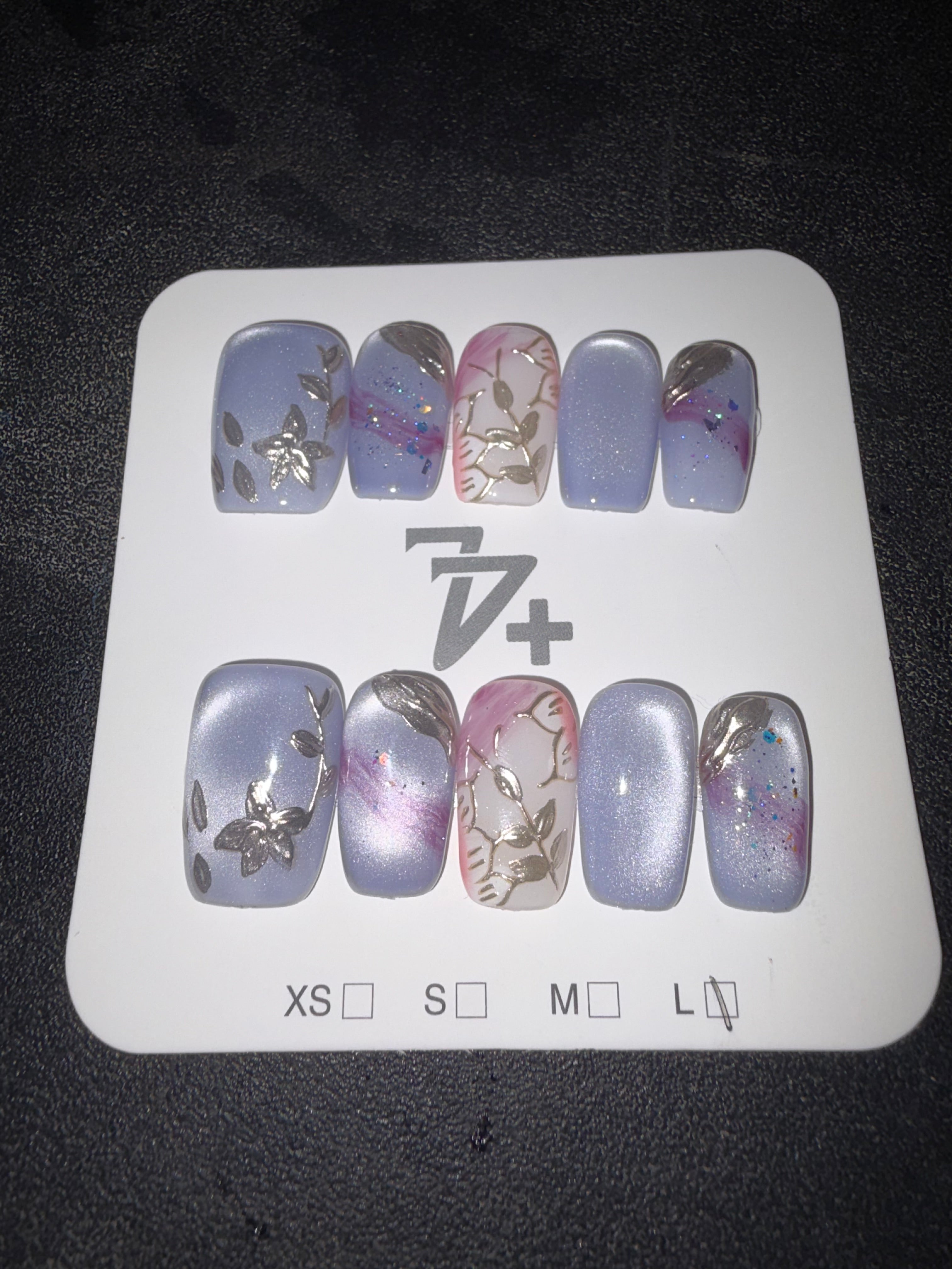 Blue cateye gold press on nails