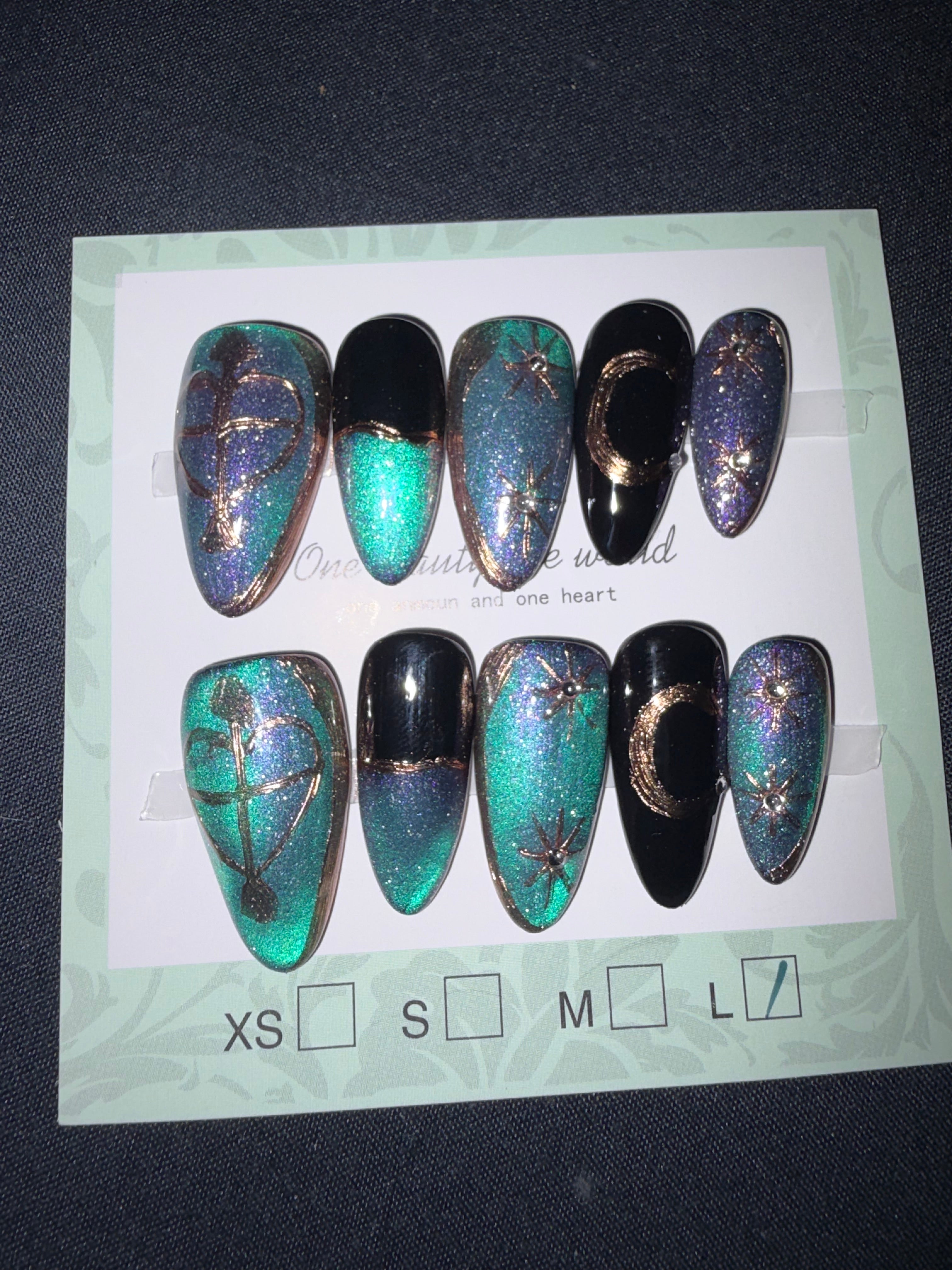 Blue purple cateye rose gold accent press ons
