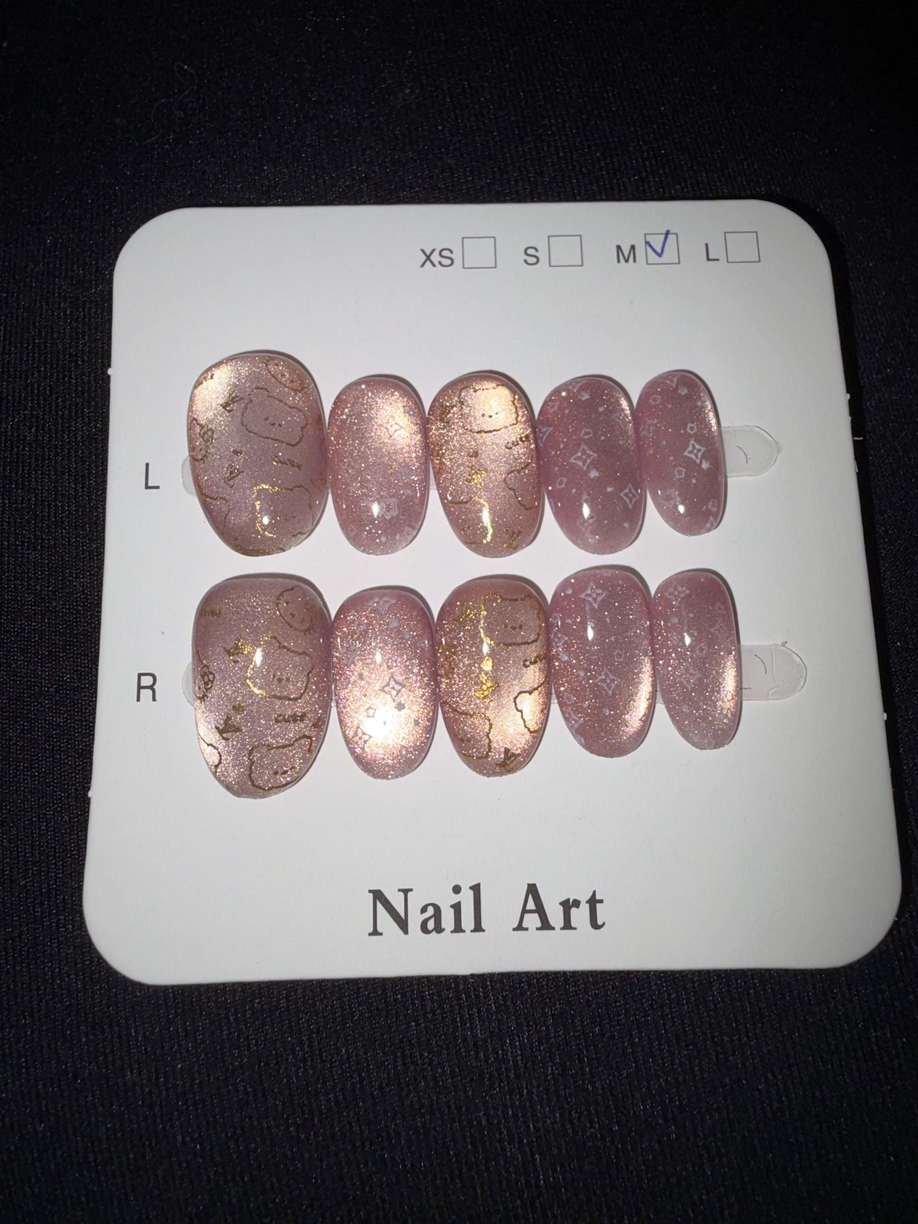Pink cateye bear press on nails