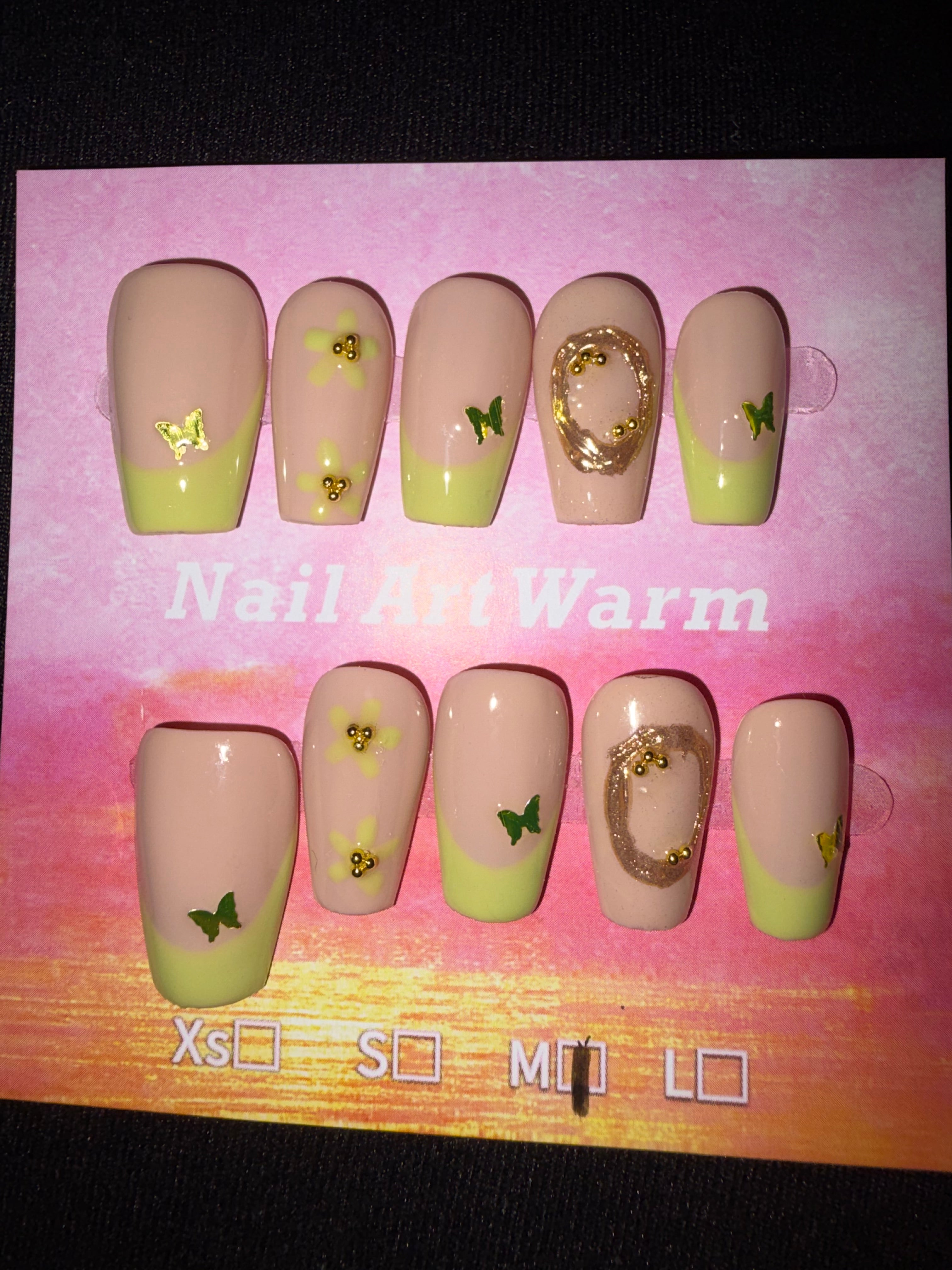 Green French gold accent press on nails