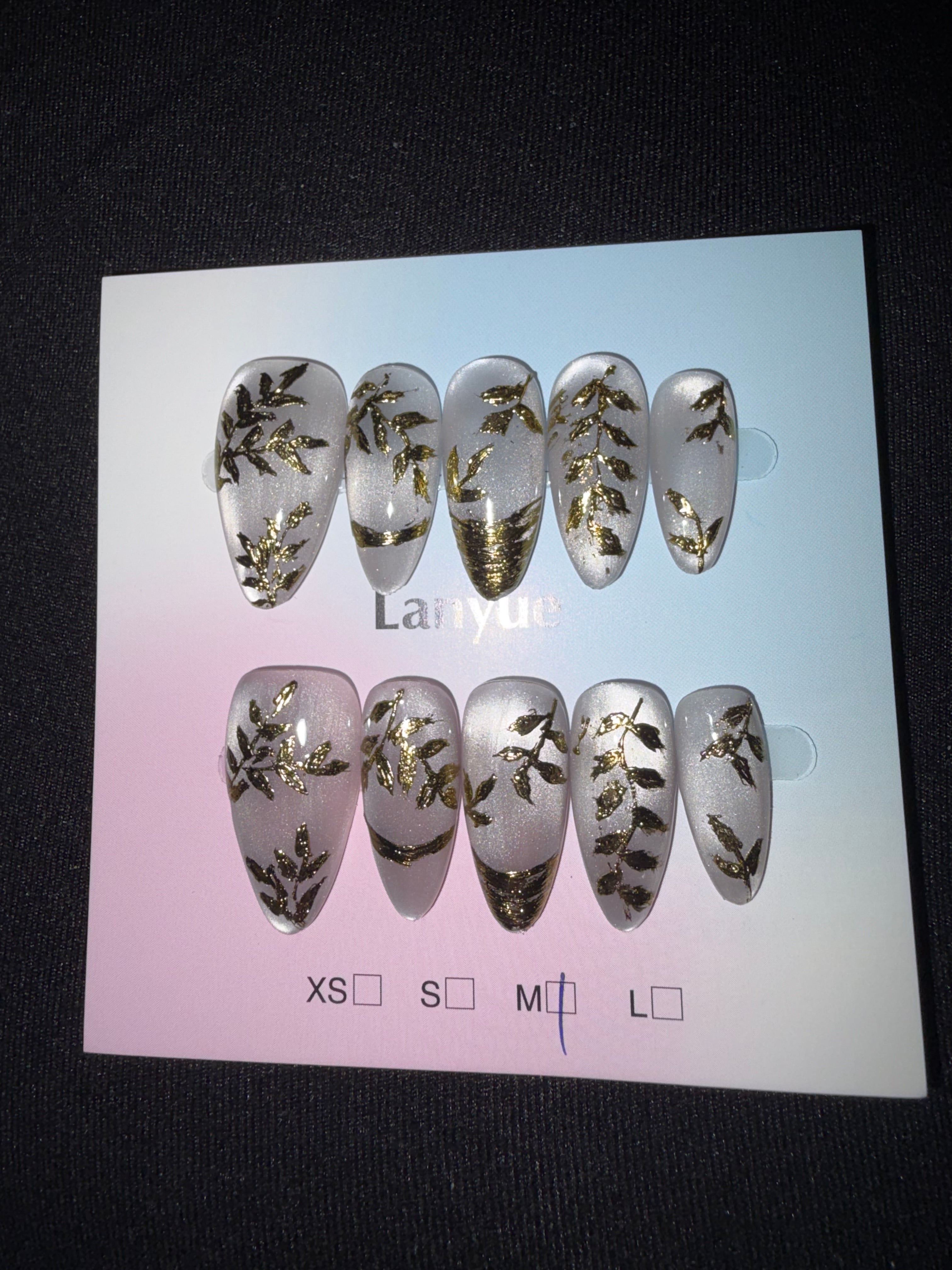 White Cateye brushed gold press on nails