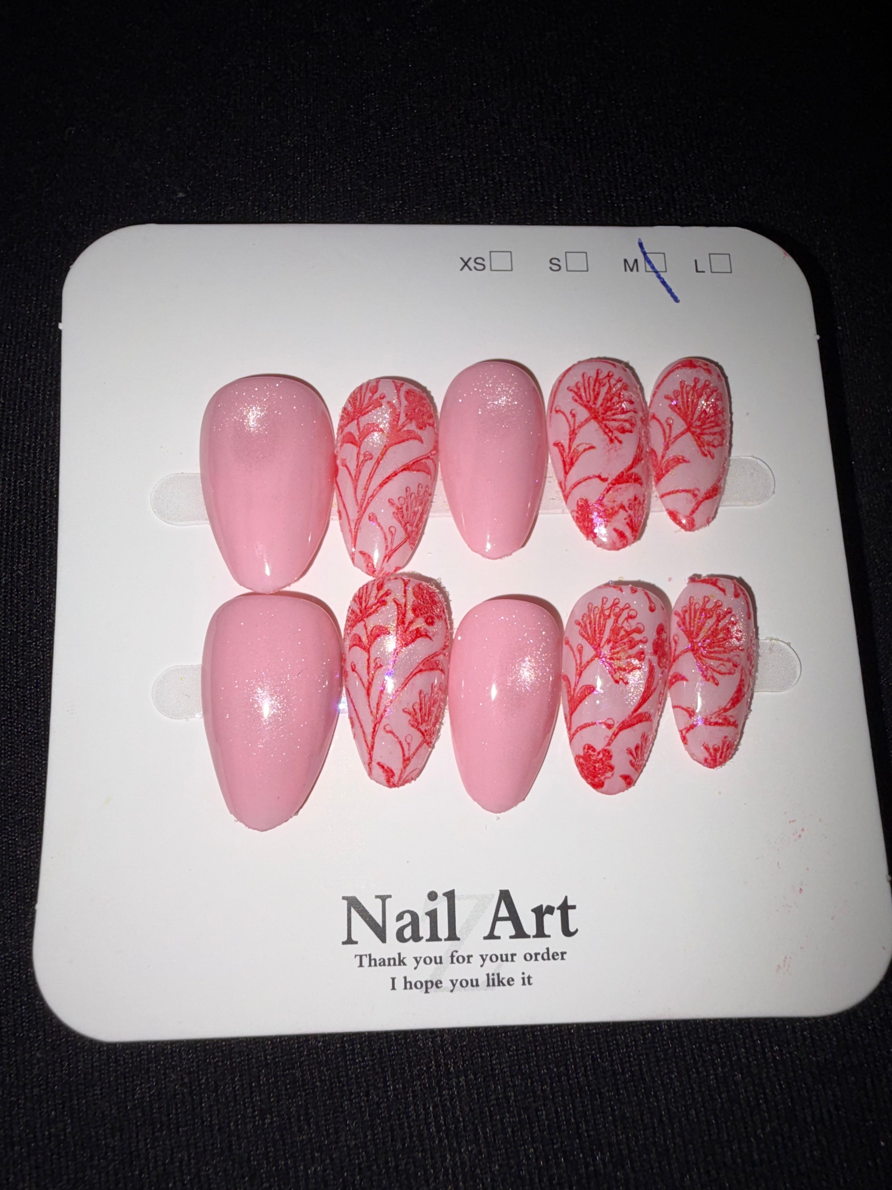Almond pink red flower press on nails
