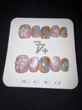 Pink multi color floral shorties press on nails