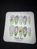 Green French white bee press on nails