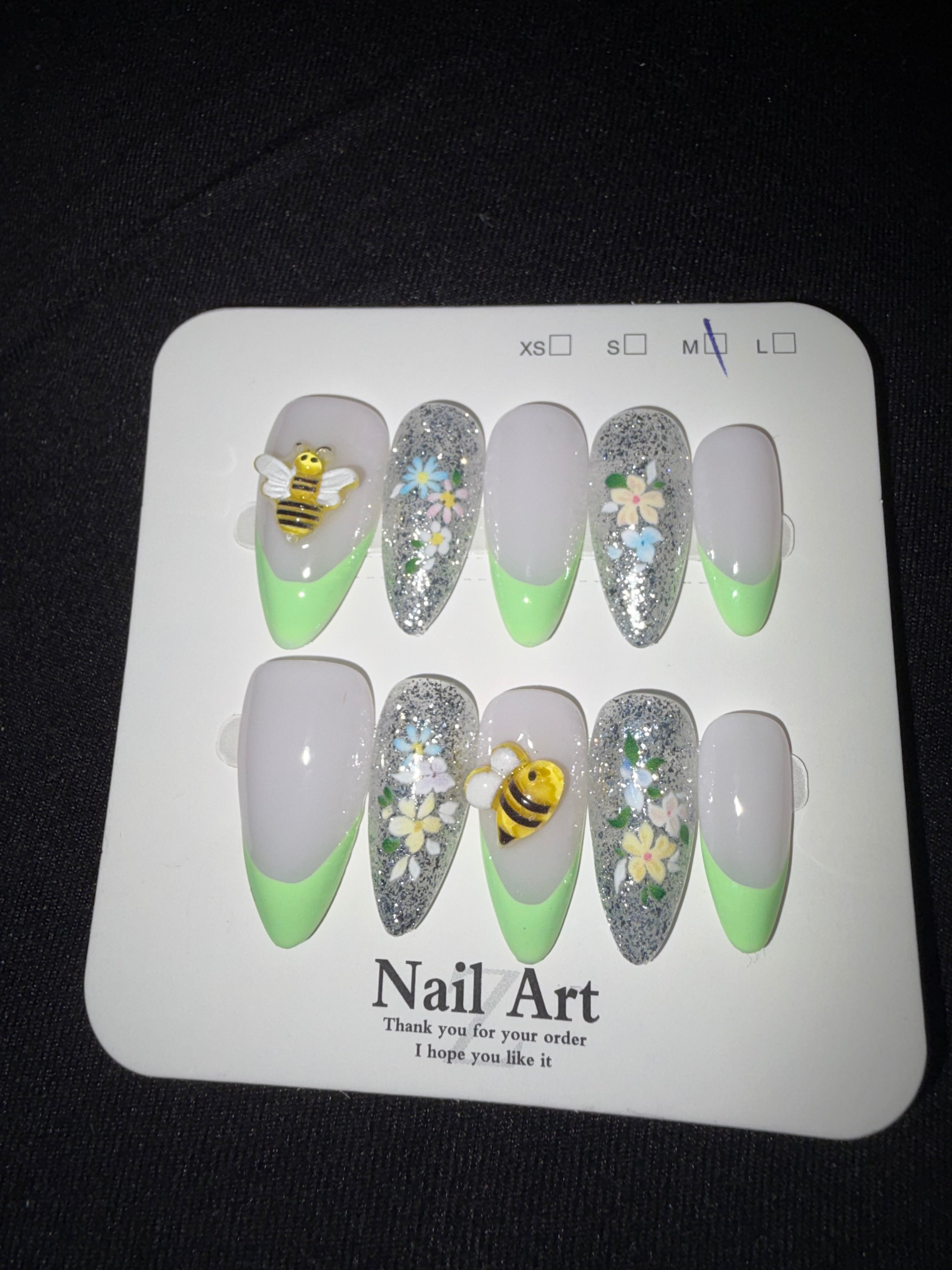 Green French white bee press on nails