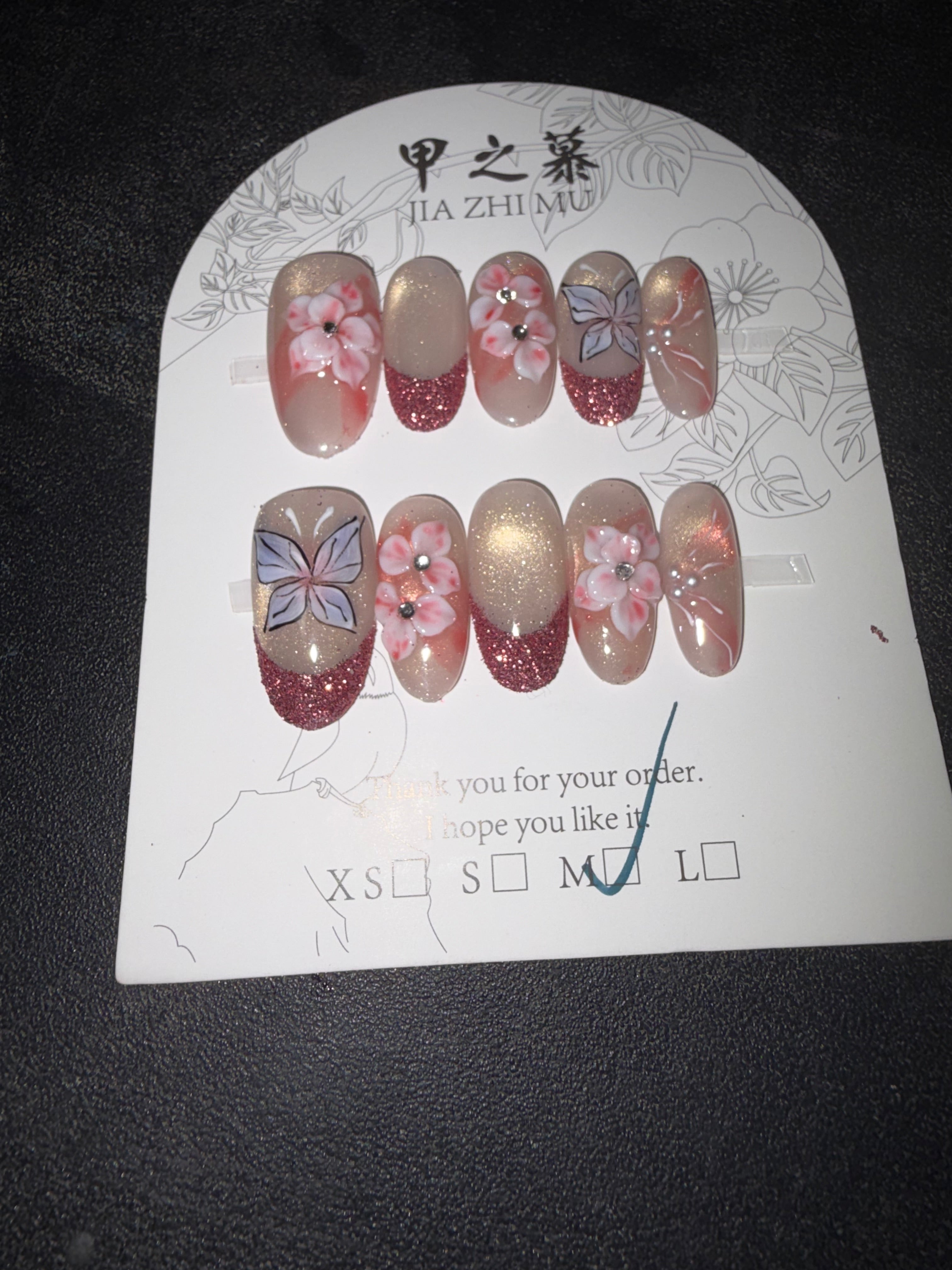 Yellow pink sparkle Jia Zhi mu nail set
