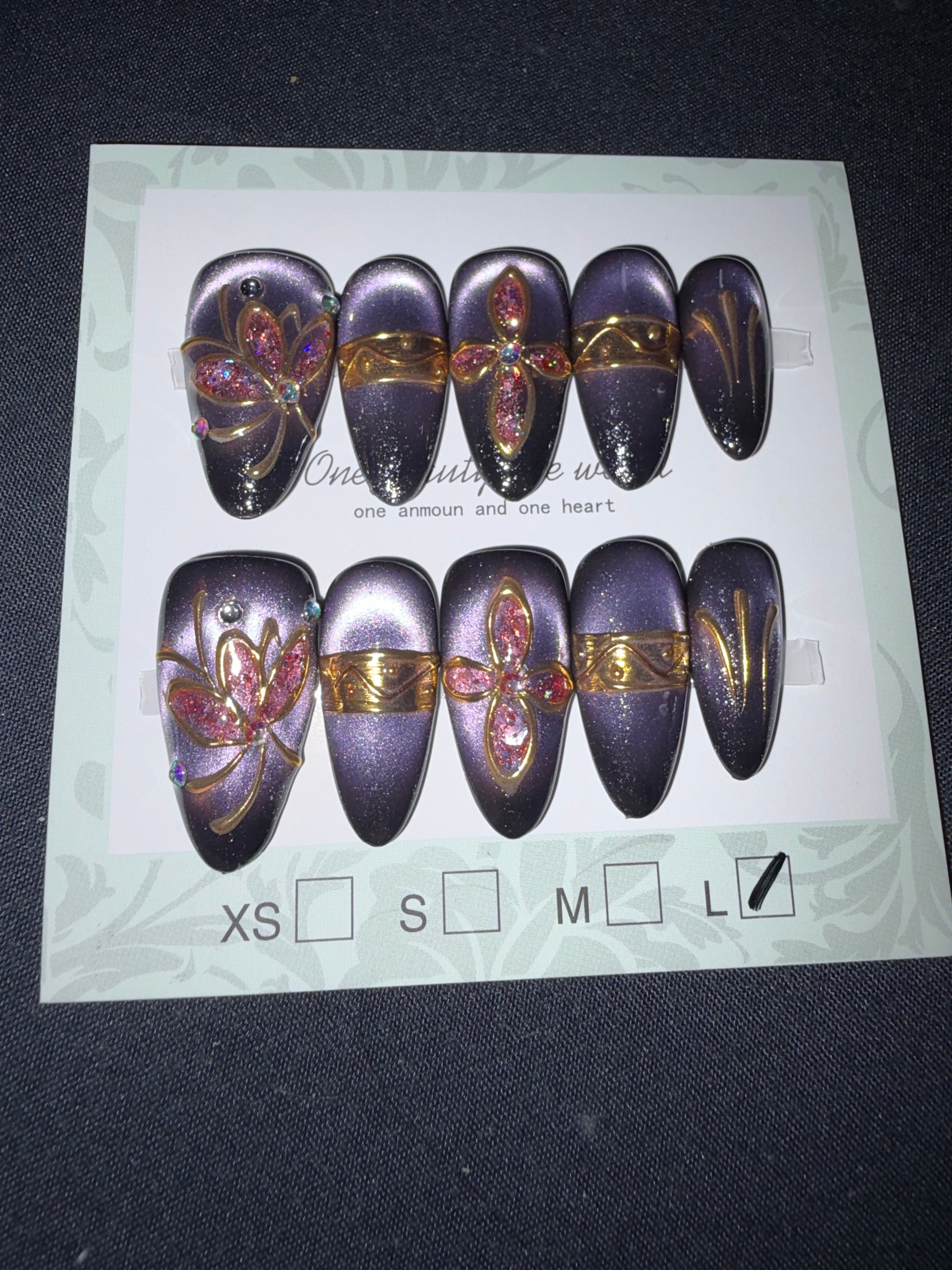 Purple Cateye gold accent press ons