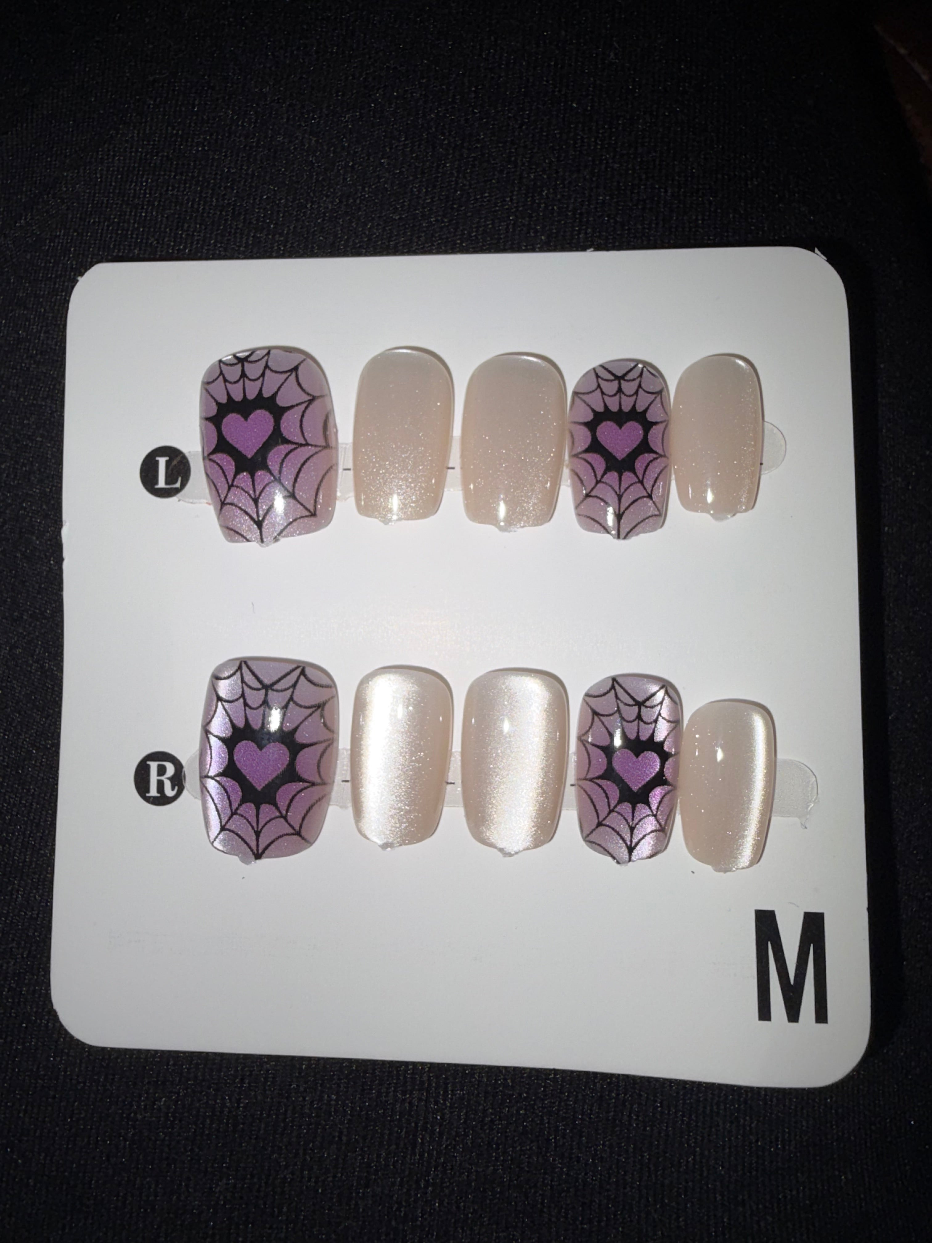White spider web hearts press on nails