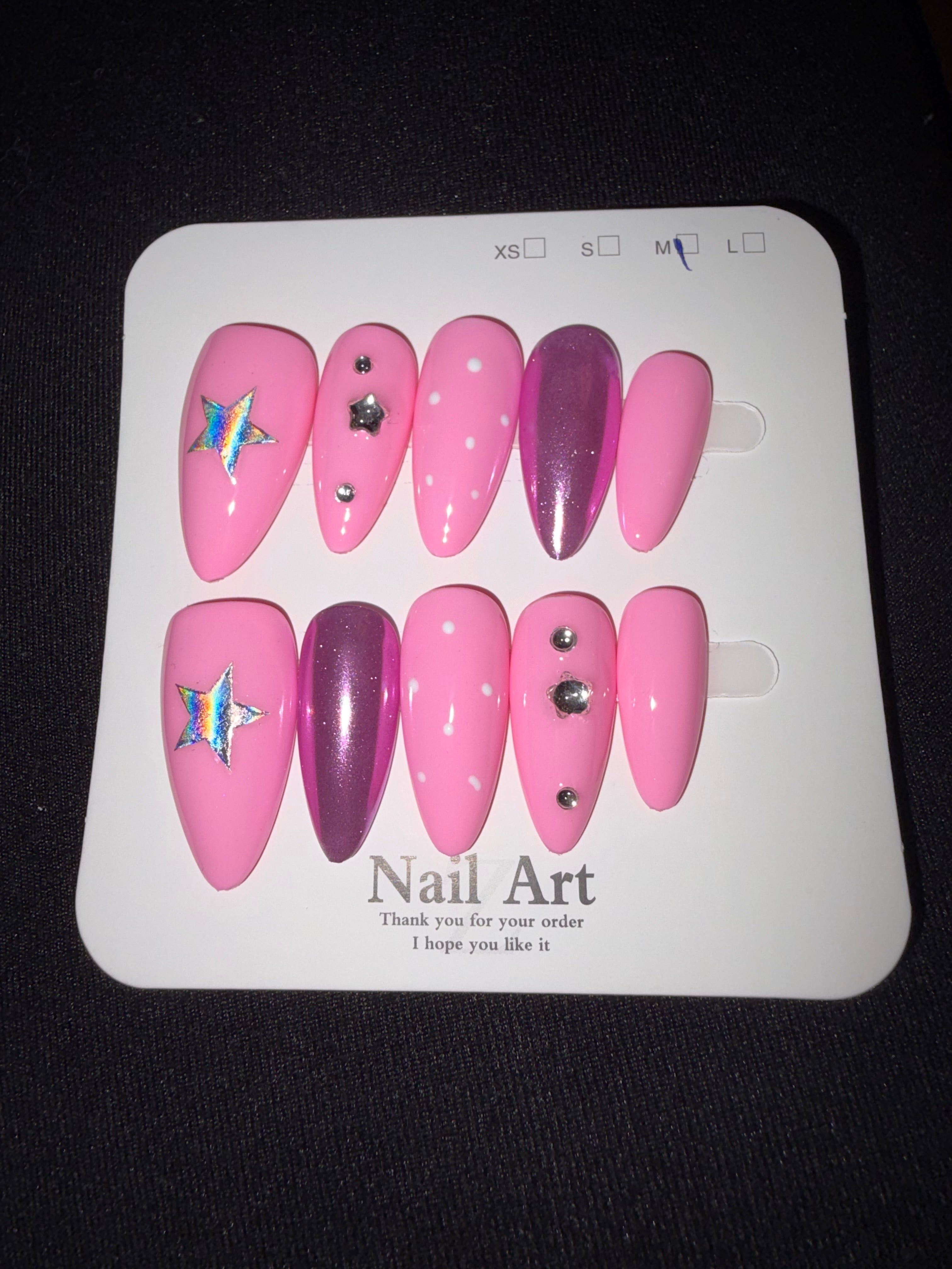Pink stars almond press on nails