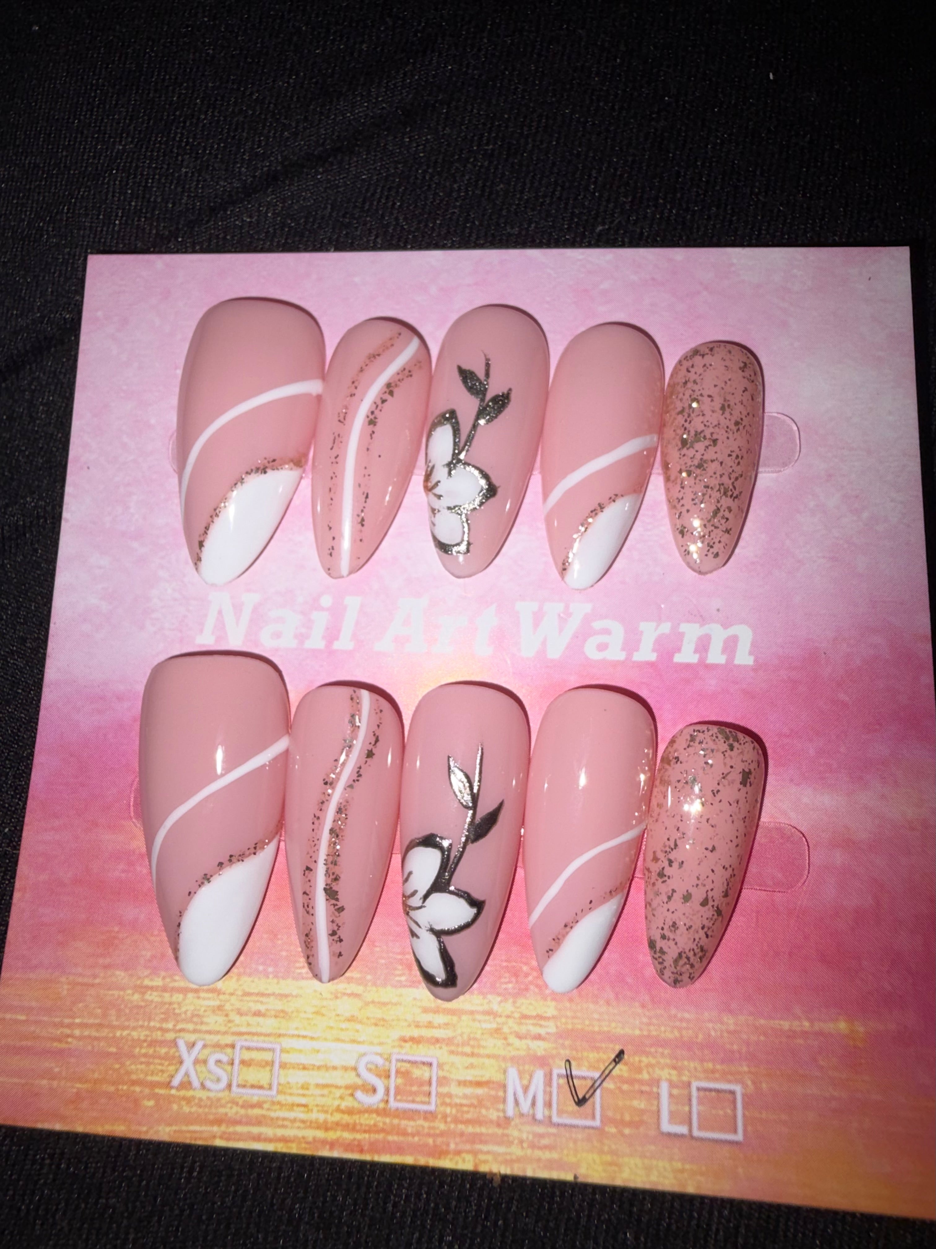White floral nude glitter press on nails