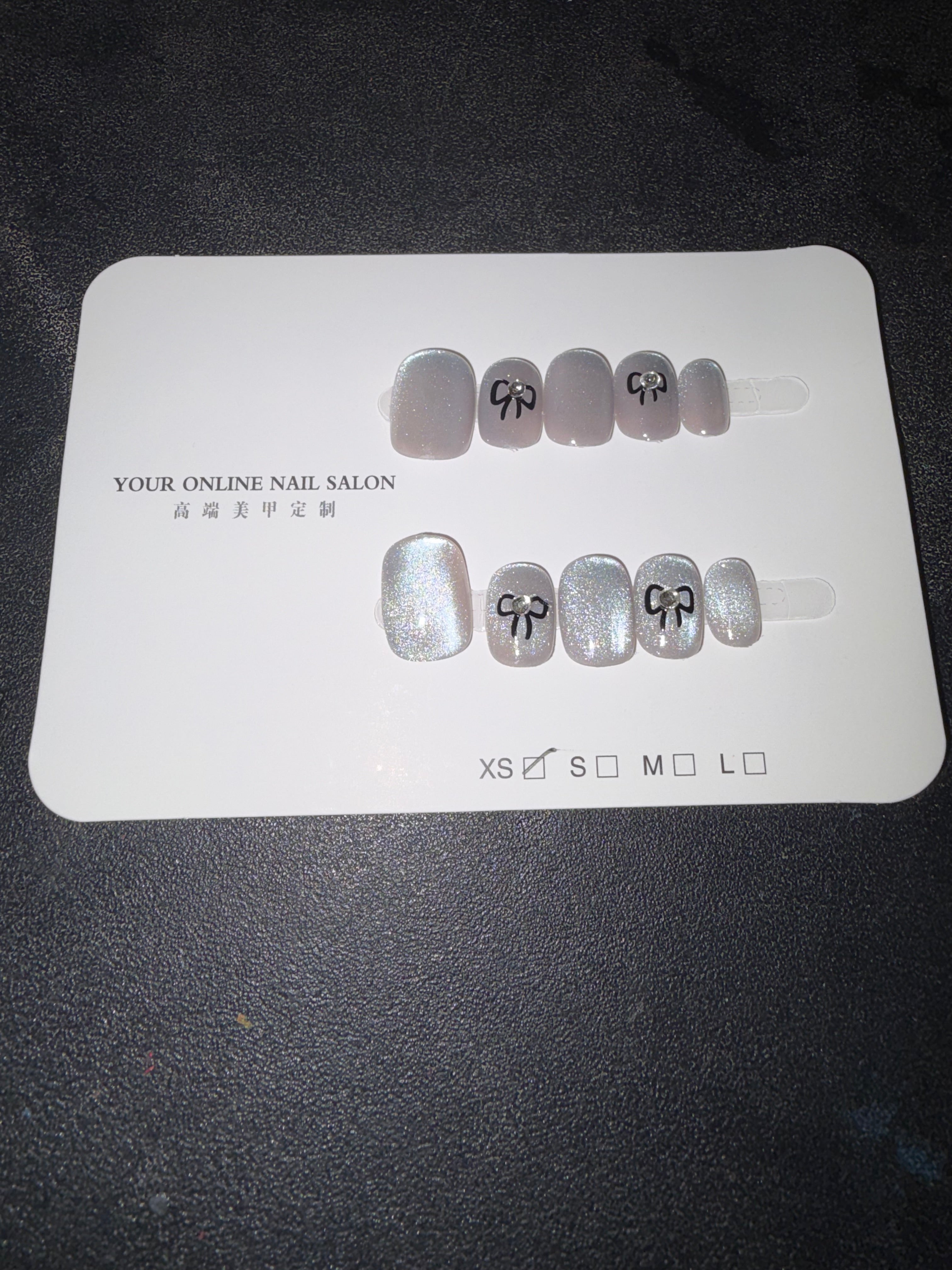 Silver cateye bows press on nails