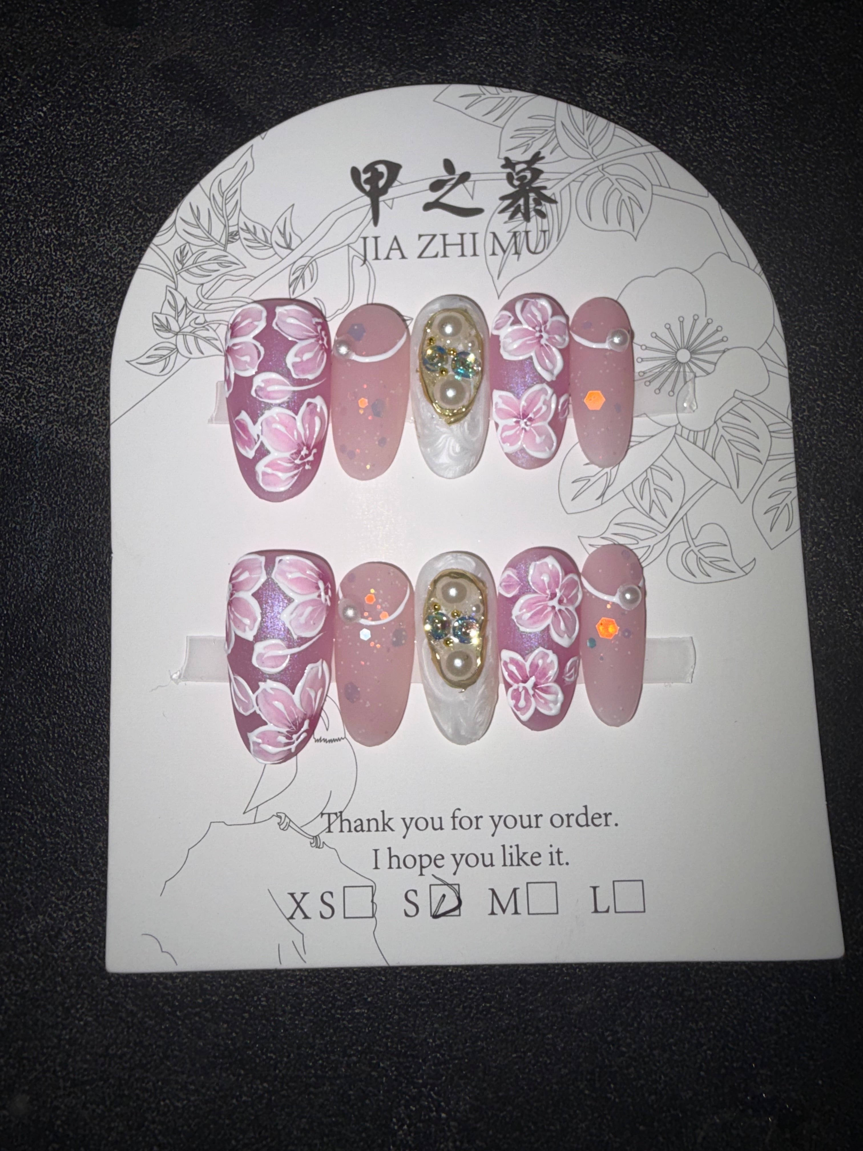Pink and white floral 3D Jia Zhi Mu nail set