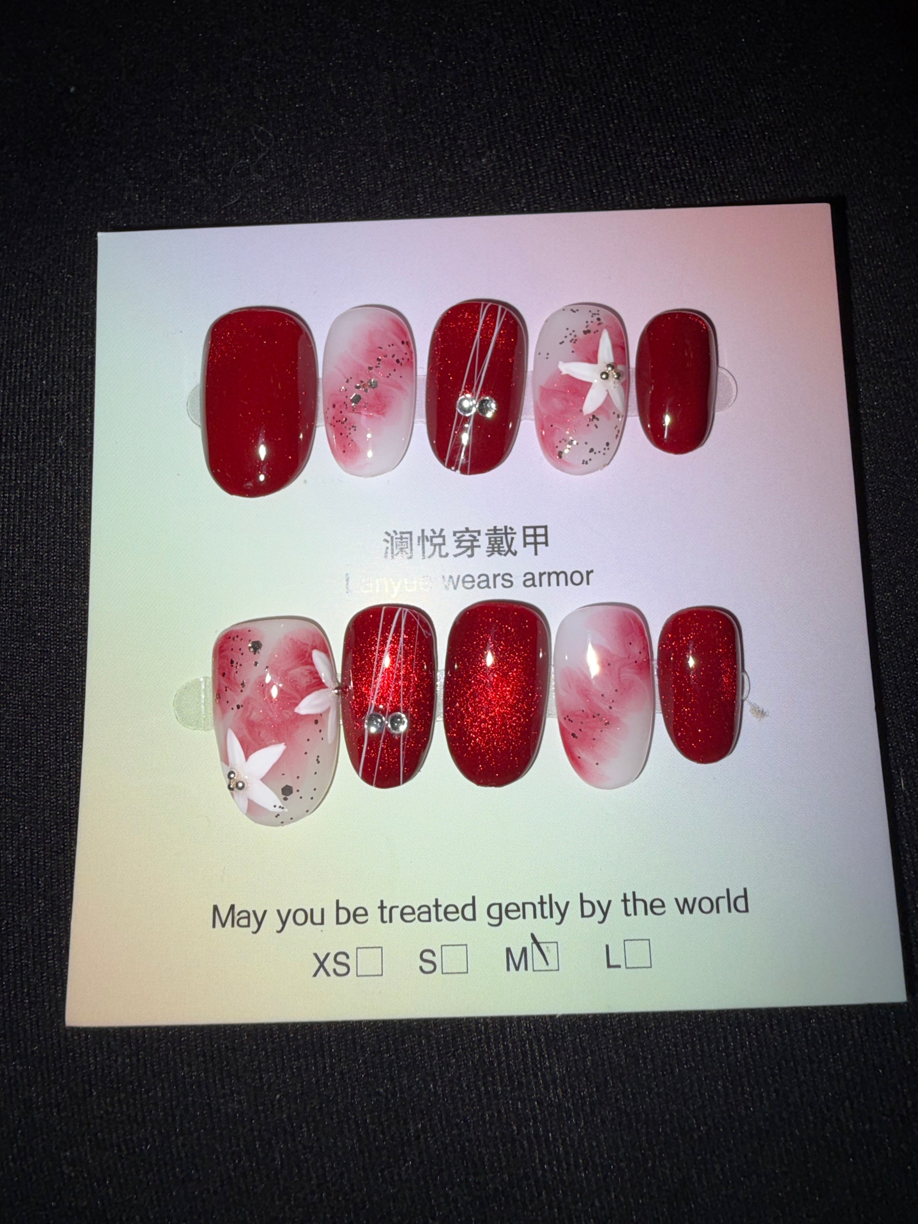 Red and white floral cateye press on nails