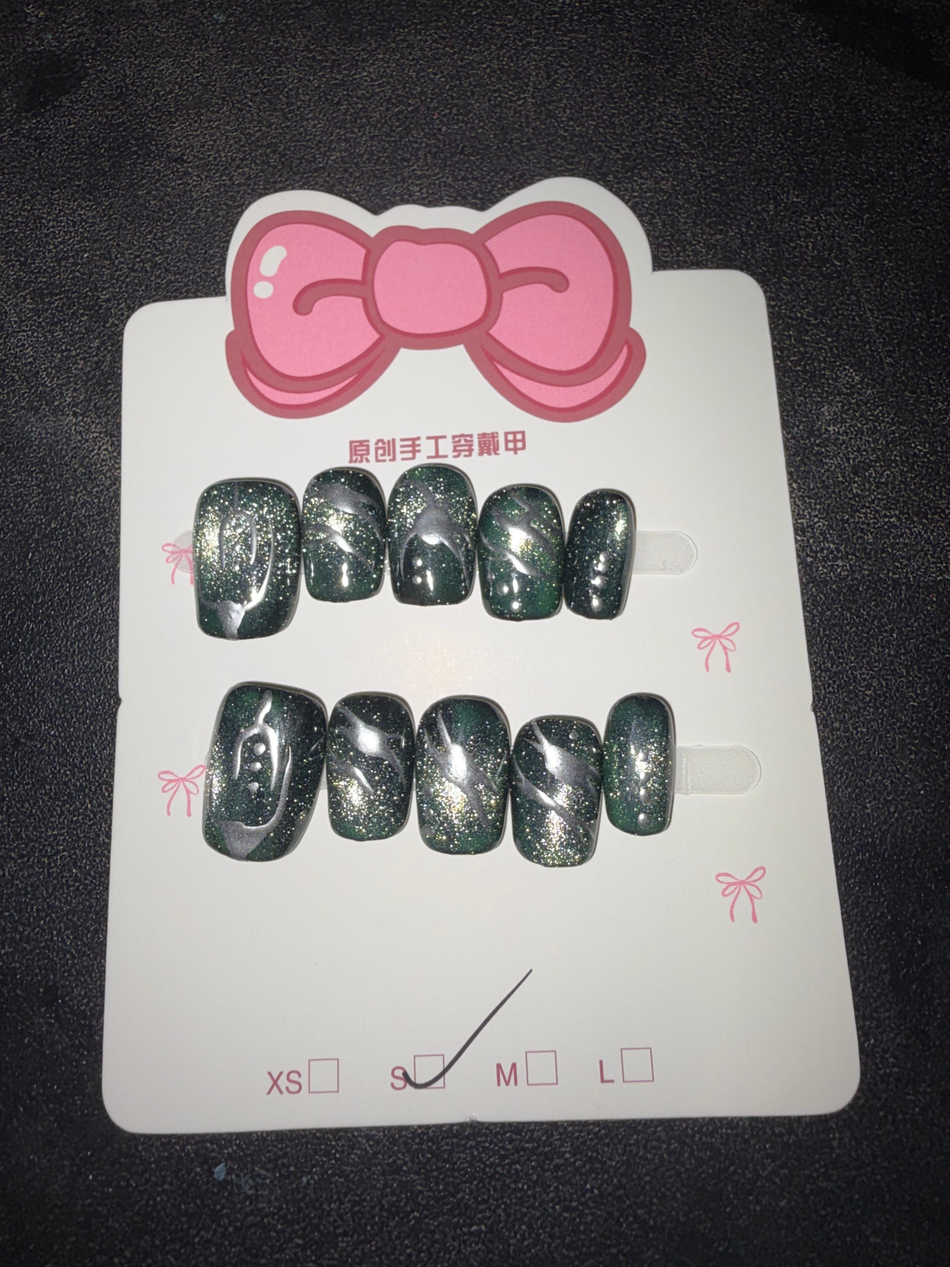 Green glitter silver accent press on nails