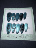 Blue cateye black lace press ons