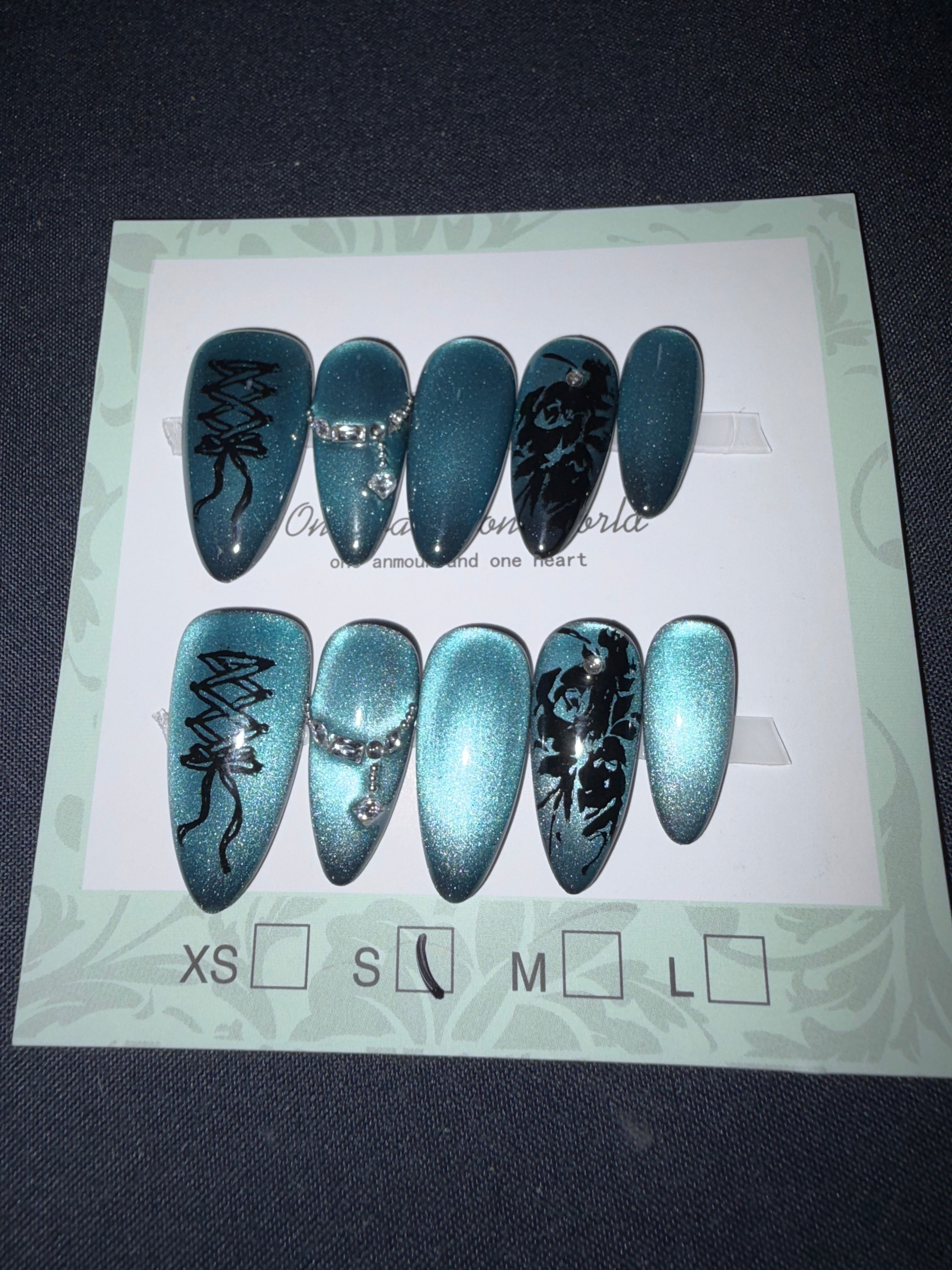 Blue cateye black lace press ons