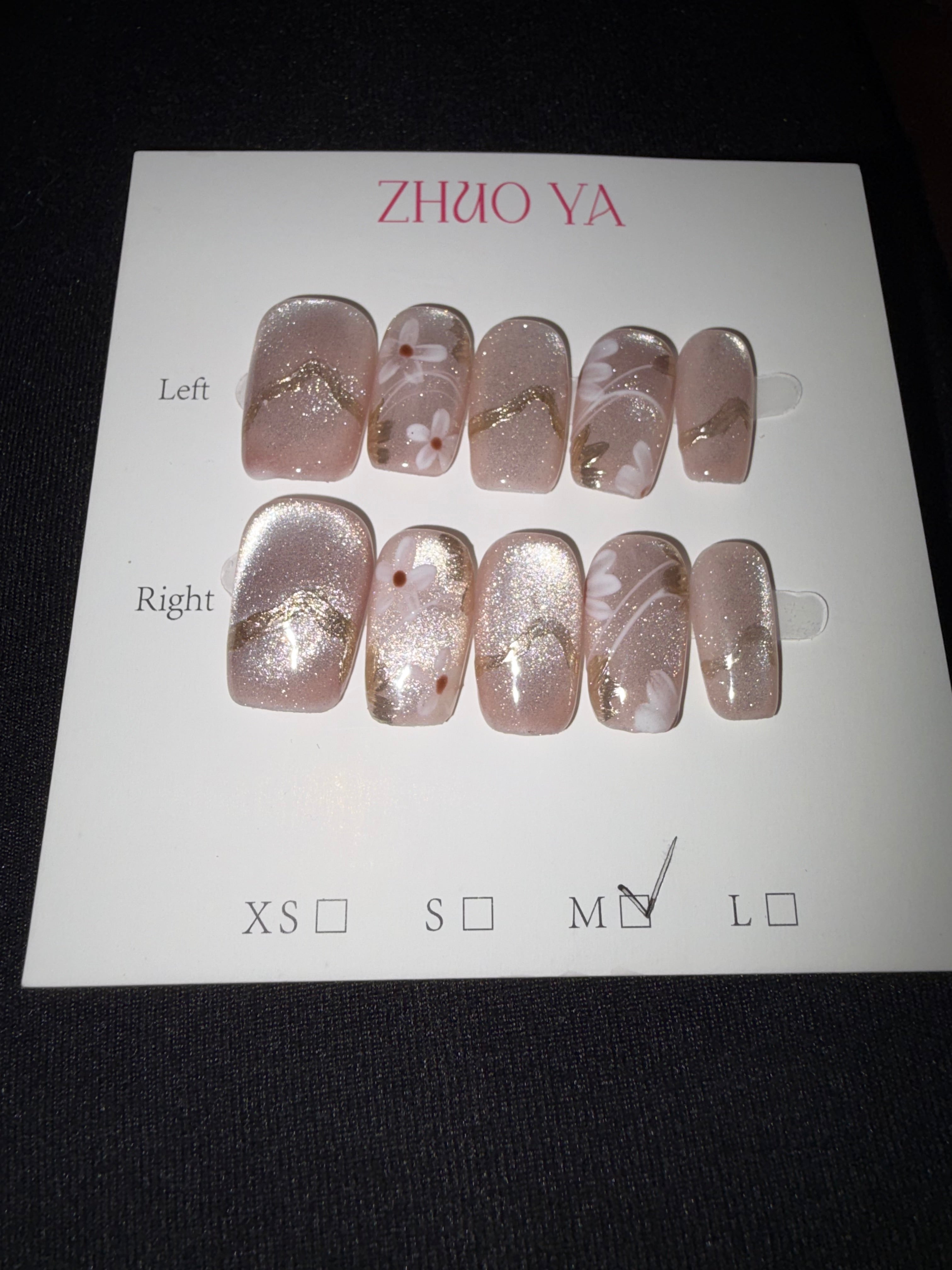 Nude floral cateye gold press on nails
