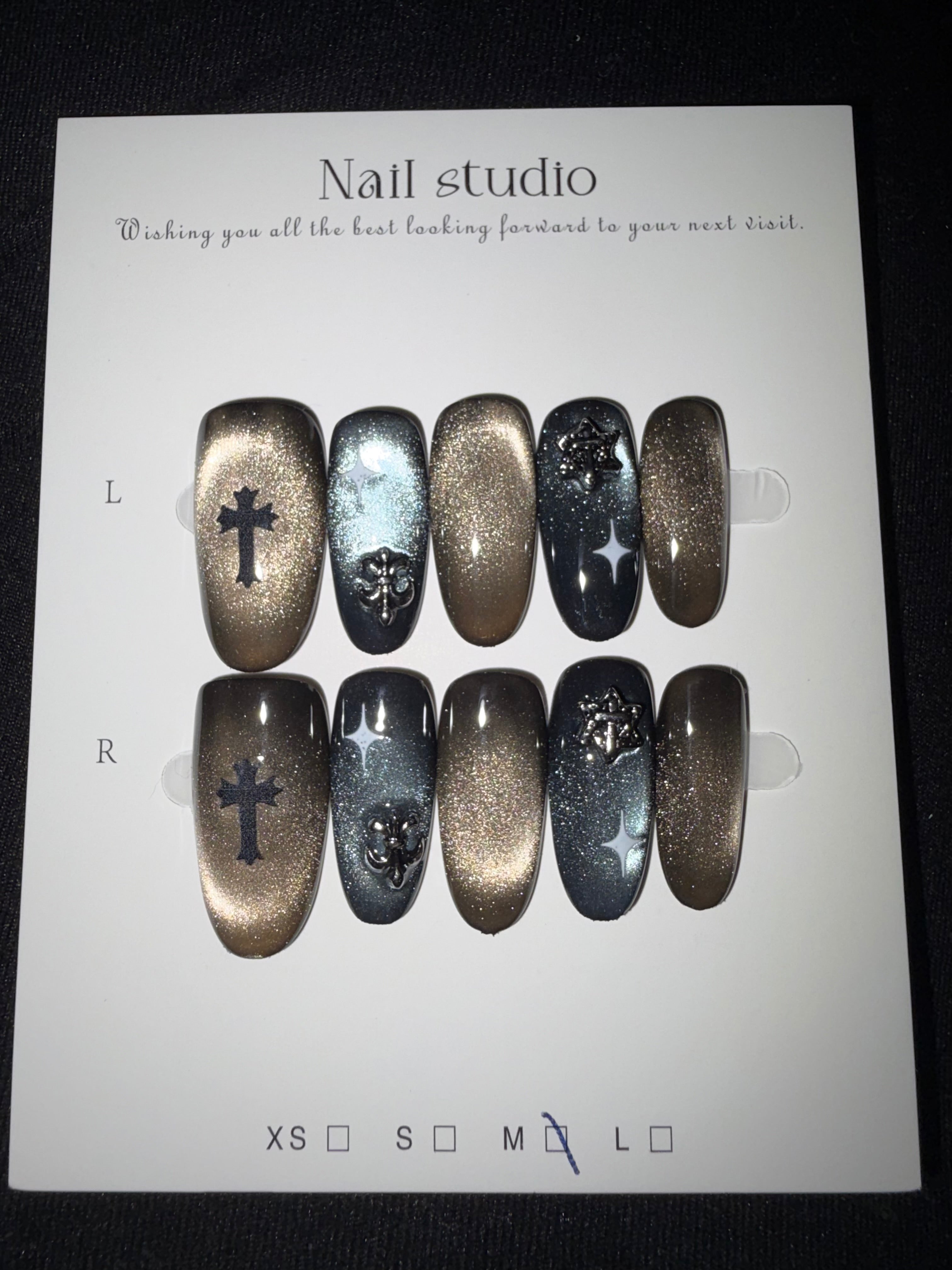 Black brown cateye cross alternative press on nails
