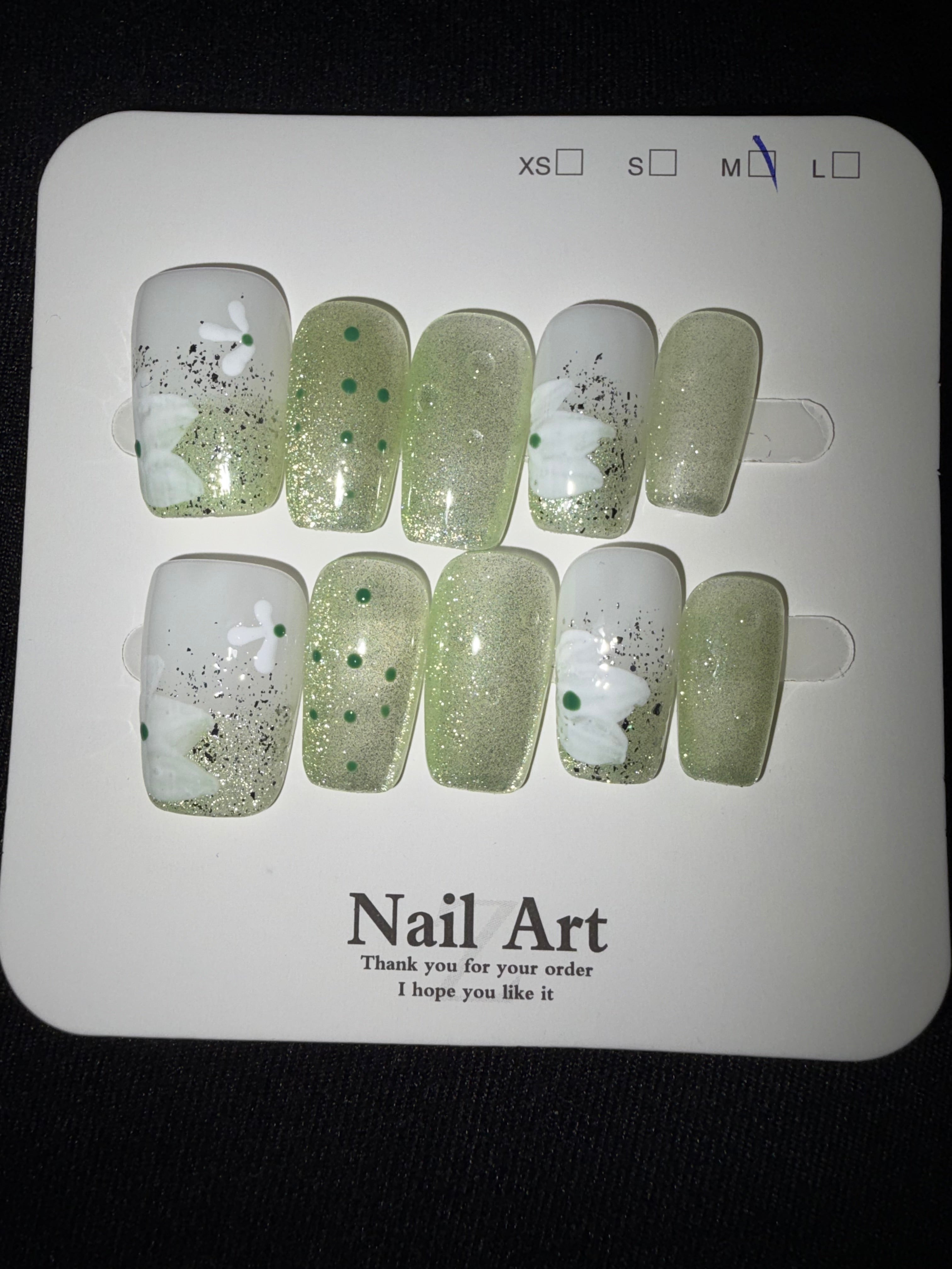 Green glitter florals press on nails