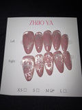 White cateye pink floral press on nails