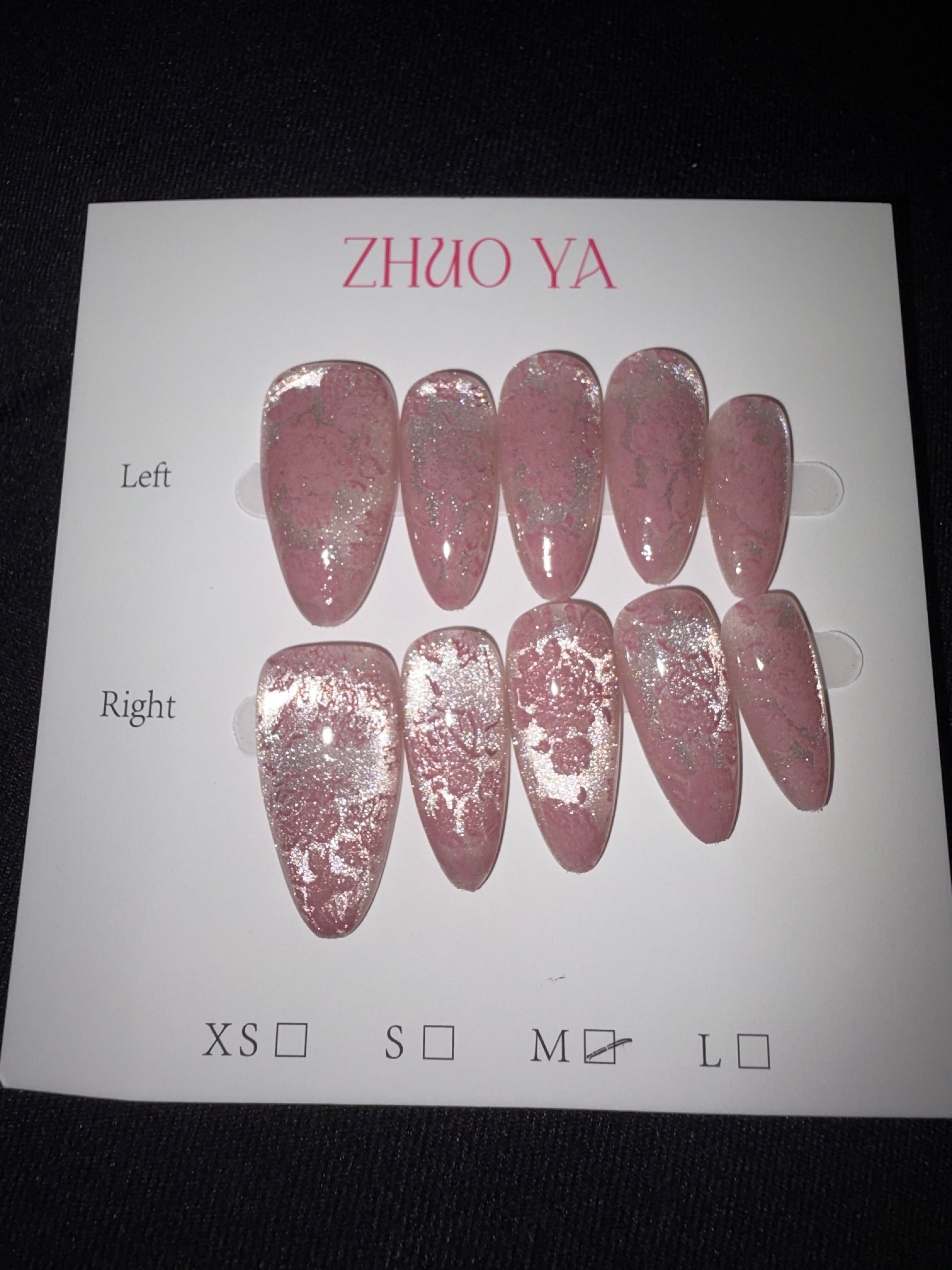 White cateye pink floral press on nails