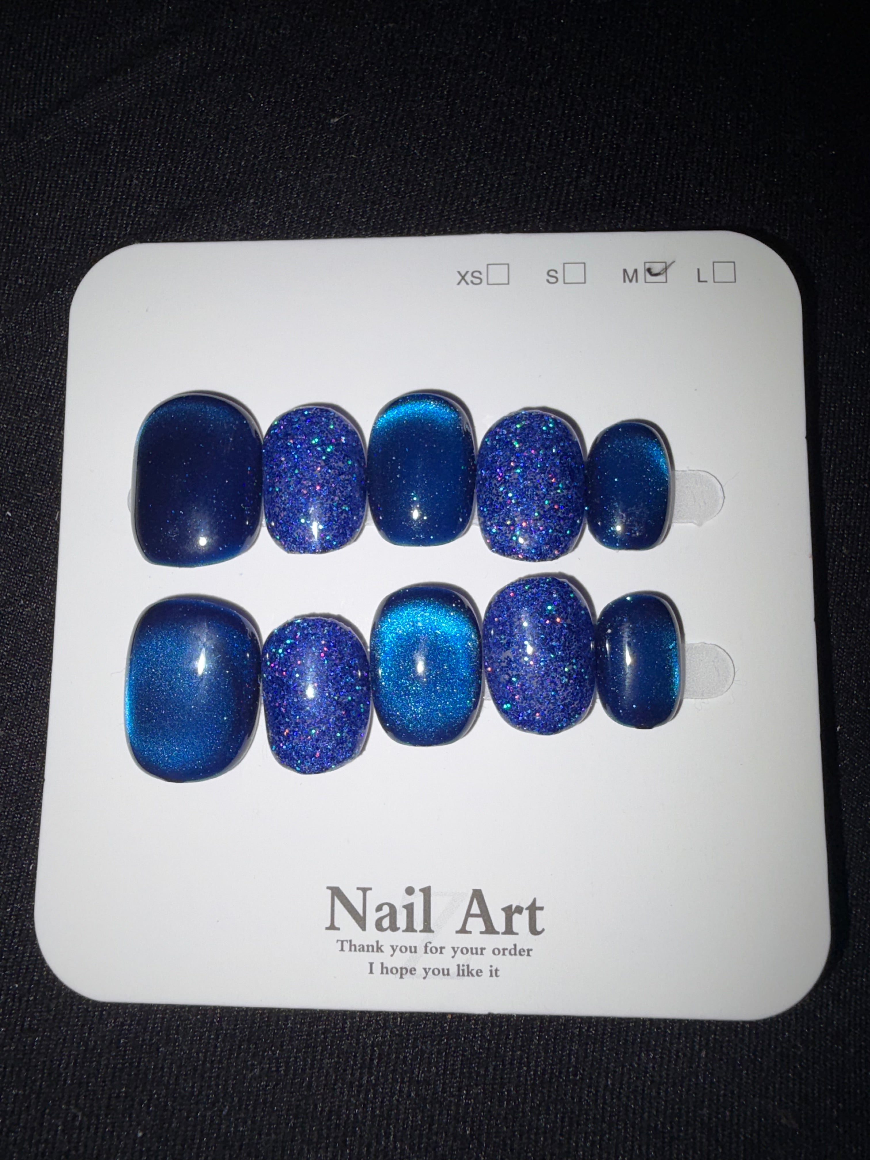 Blue cateye glitter shorties press on nails