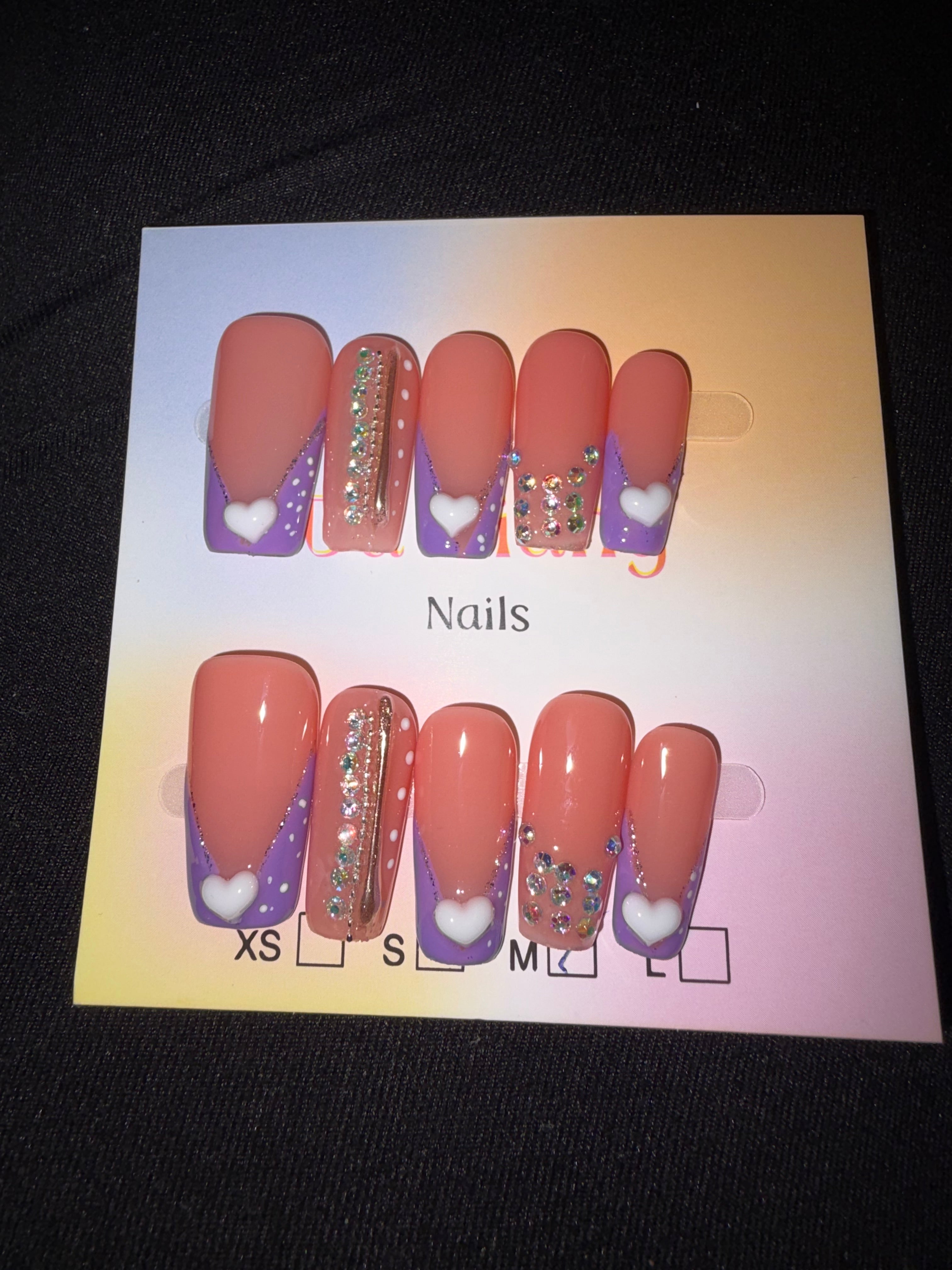 Purple French tip 3D heart press on nails