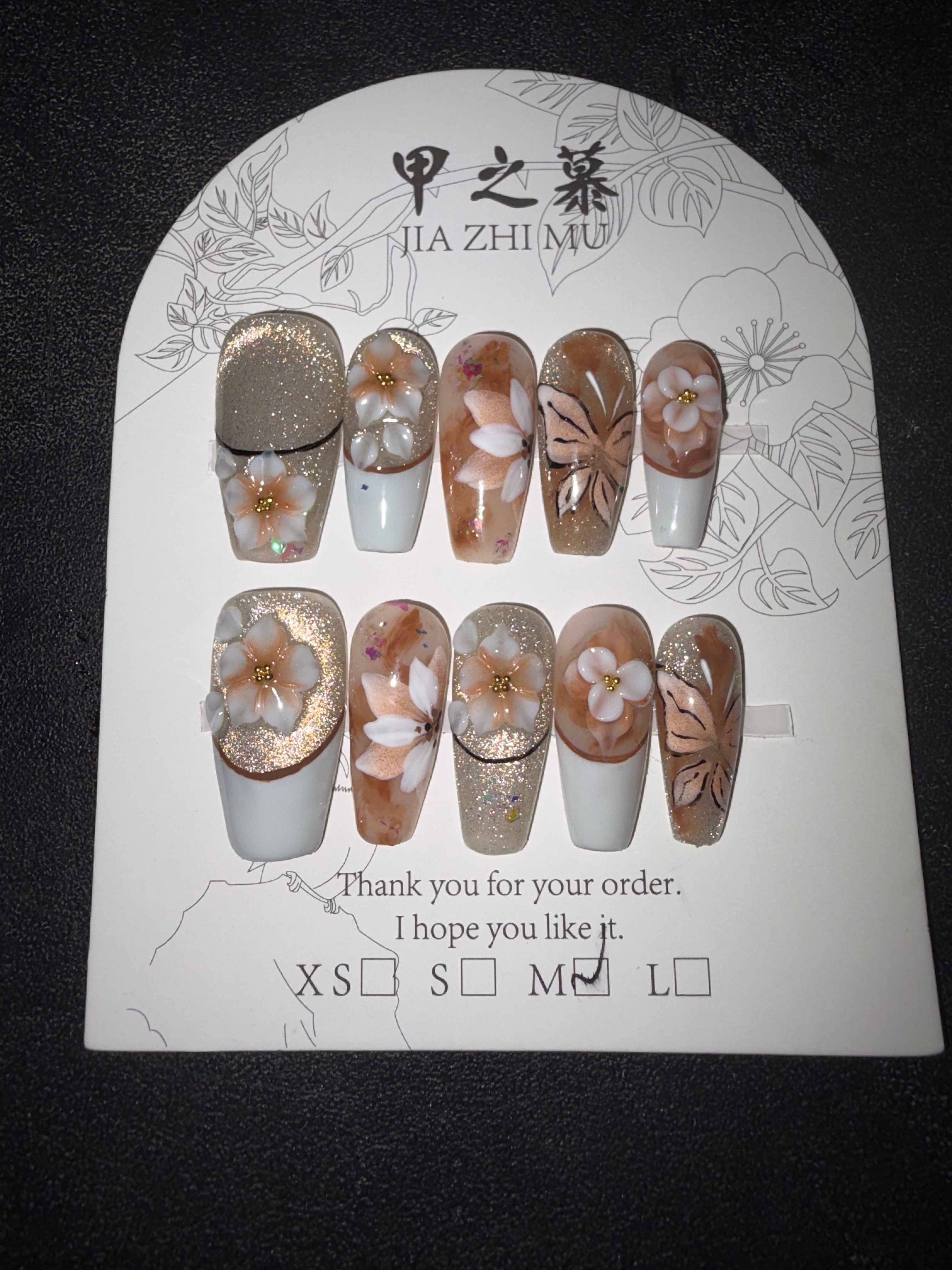Sparkle Cateye floral Jia Zhi Mu nail set