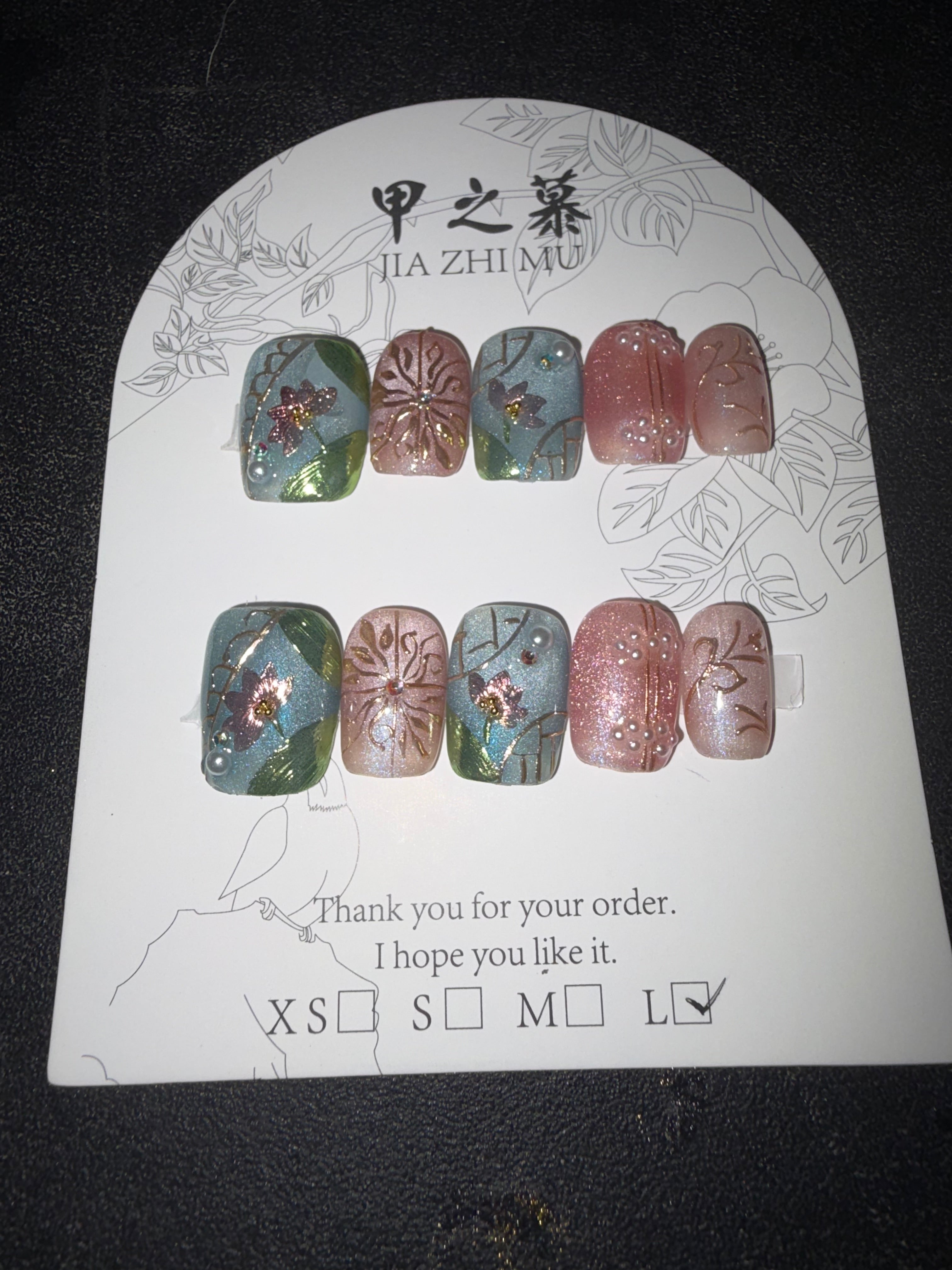 Blue pink sparkle Jia Zhi Mu nail set