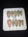 Green and white pearl floral press on nails