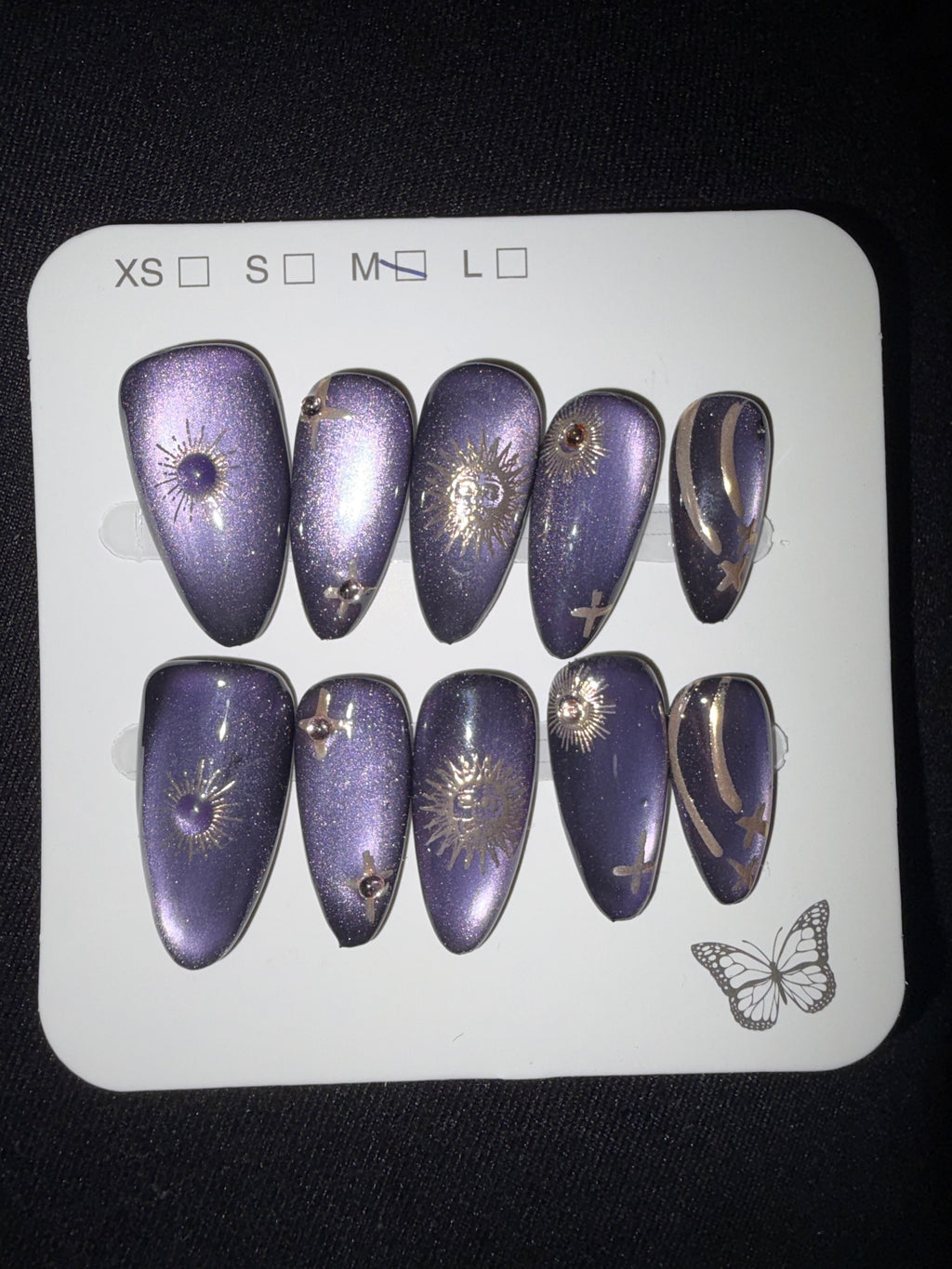 Purple cateye gold celestial press on nails