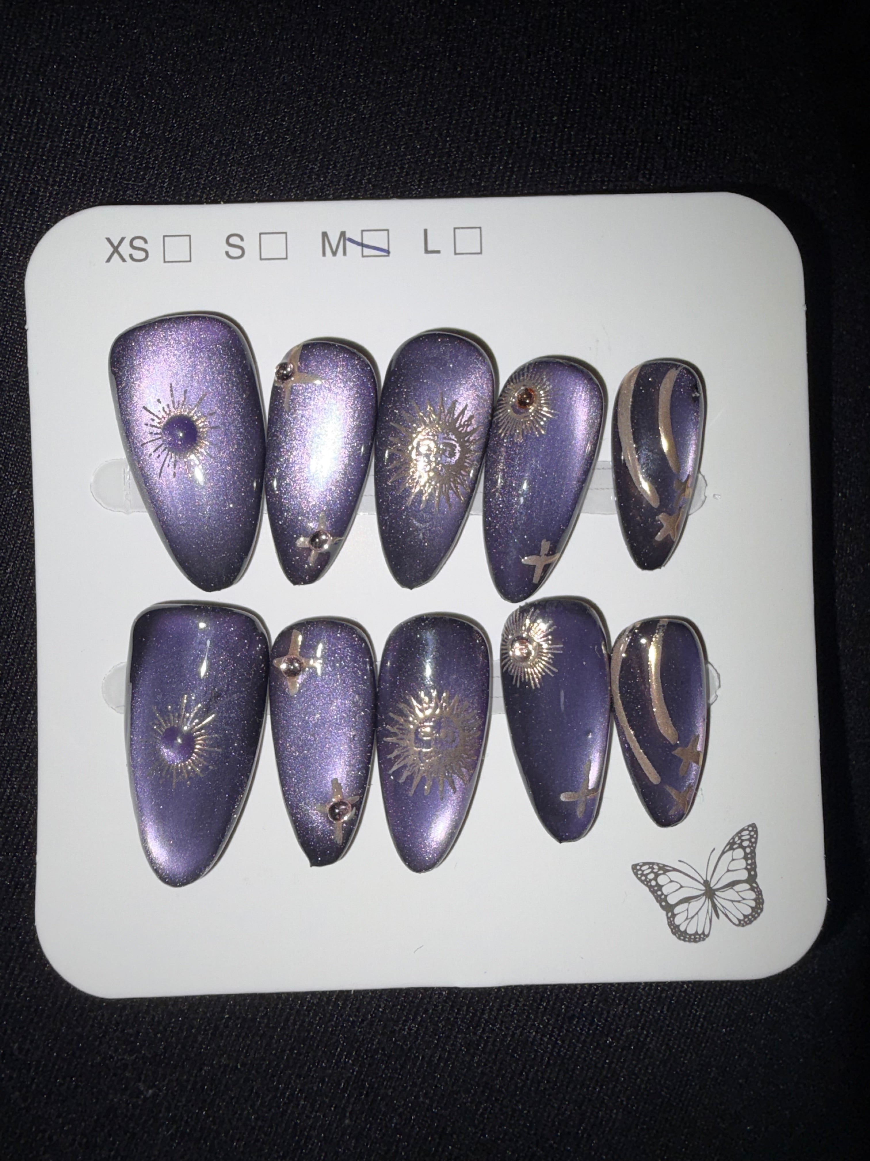 Purple cateye gold celestial press on nails