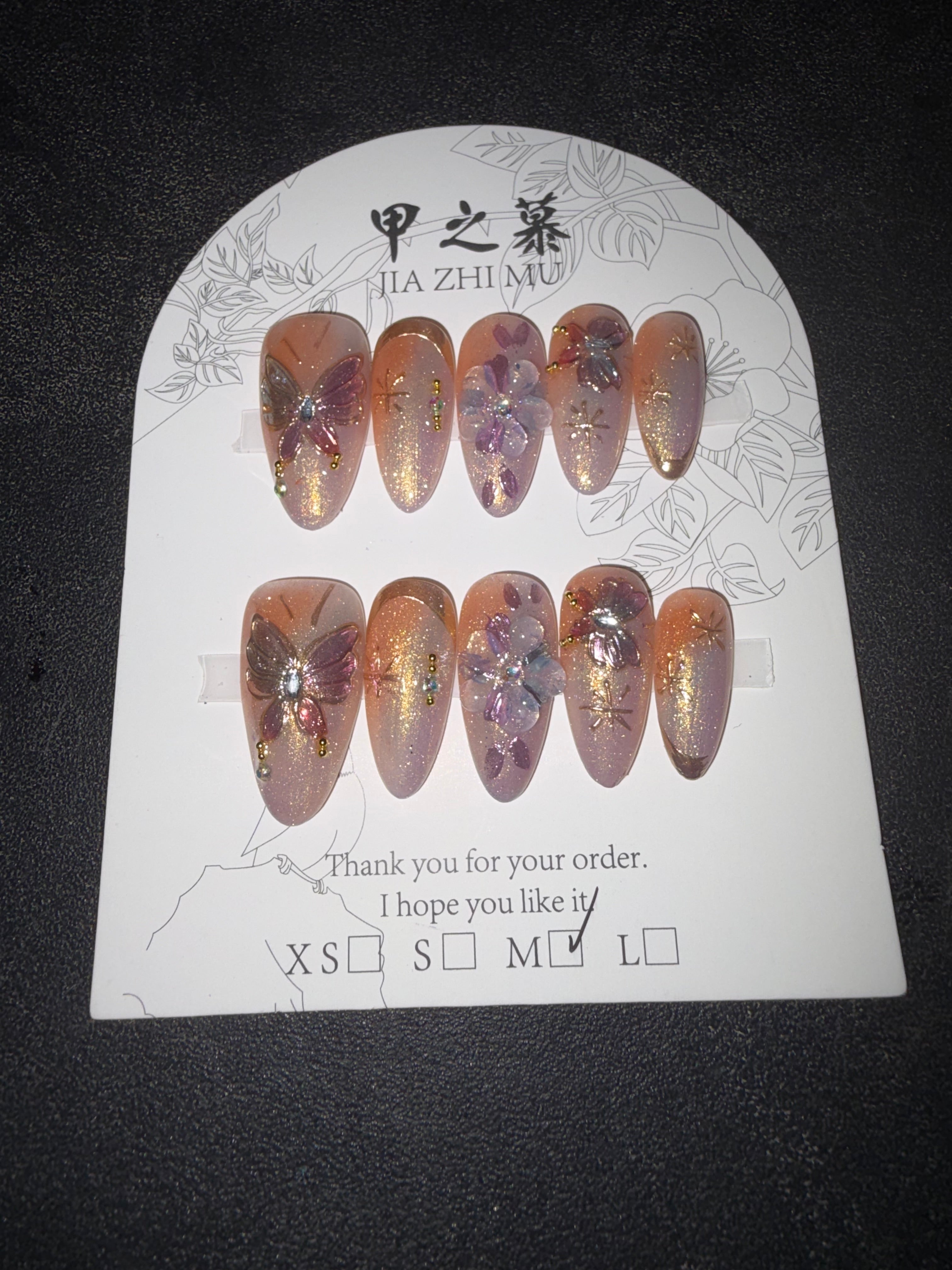 Nude Orange Butterfly Jia Zhi Mu nail set