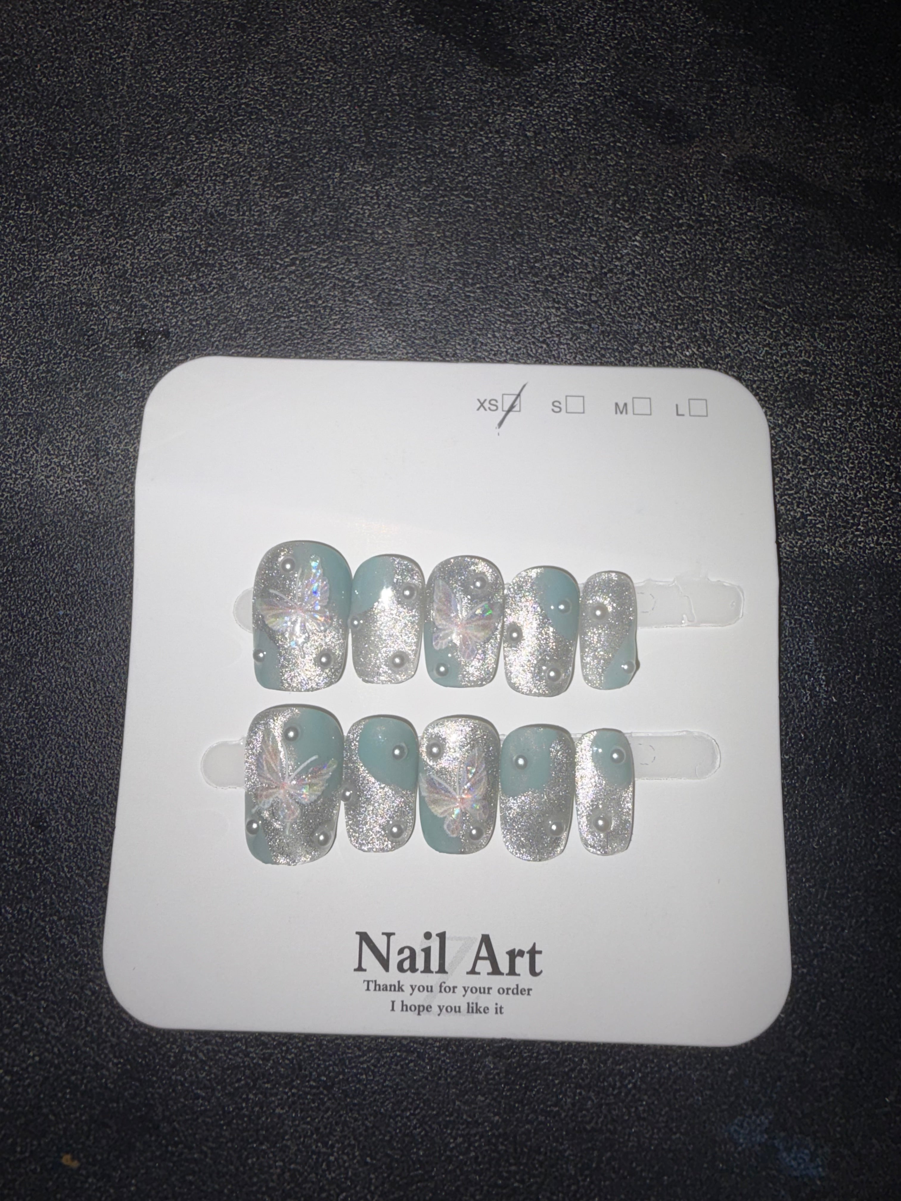 Blue white glitter butterfly press on nails