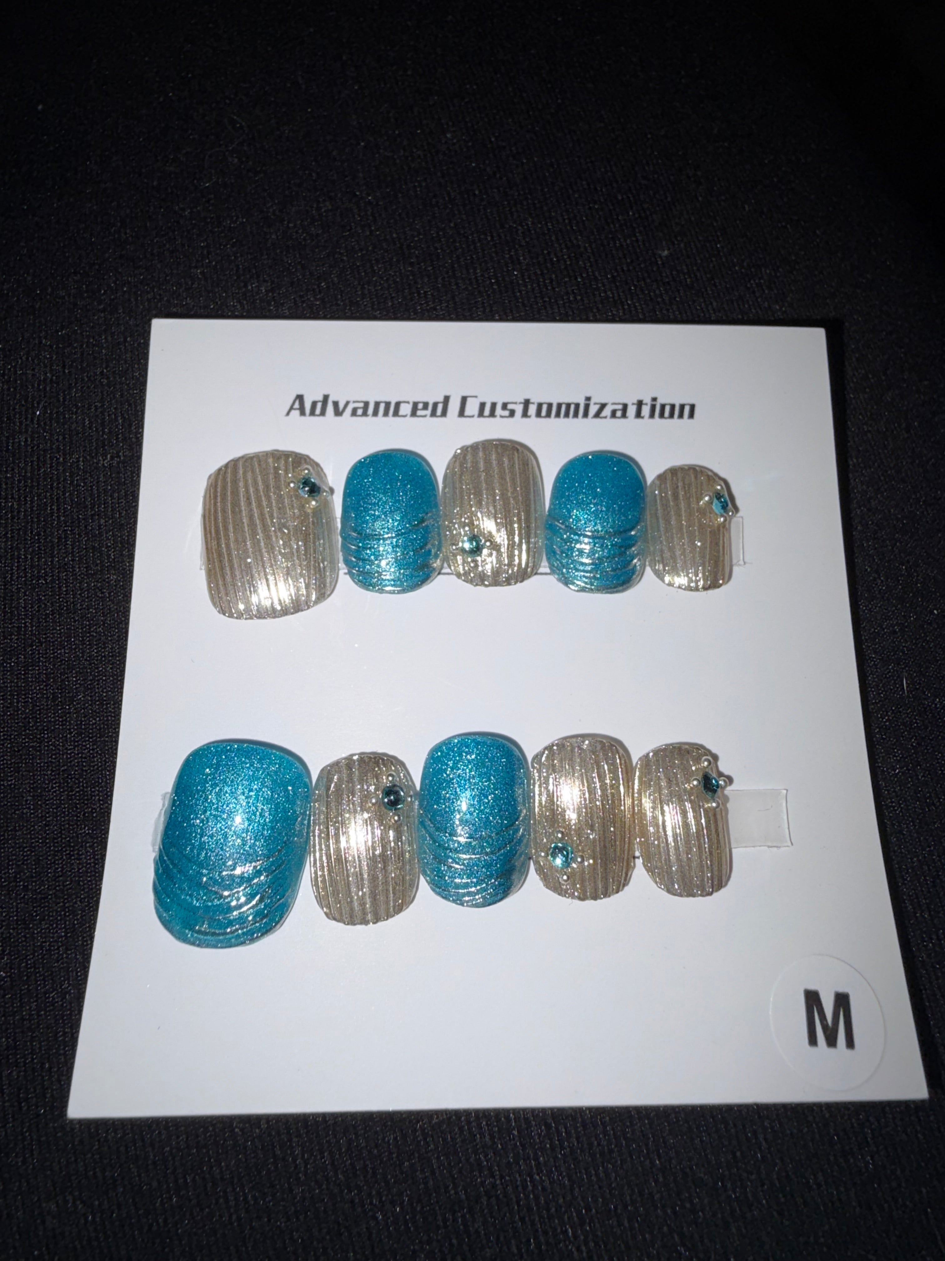 Blue brushed gold shorties press on nails