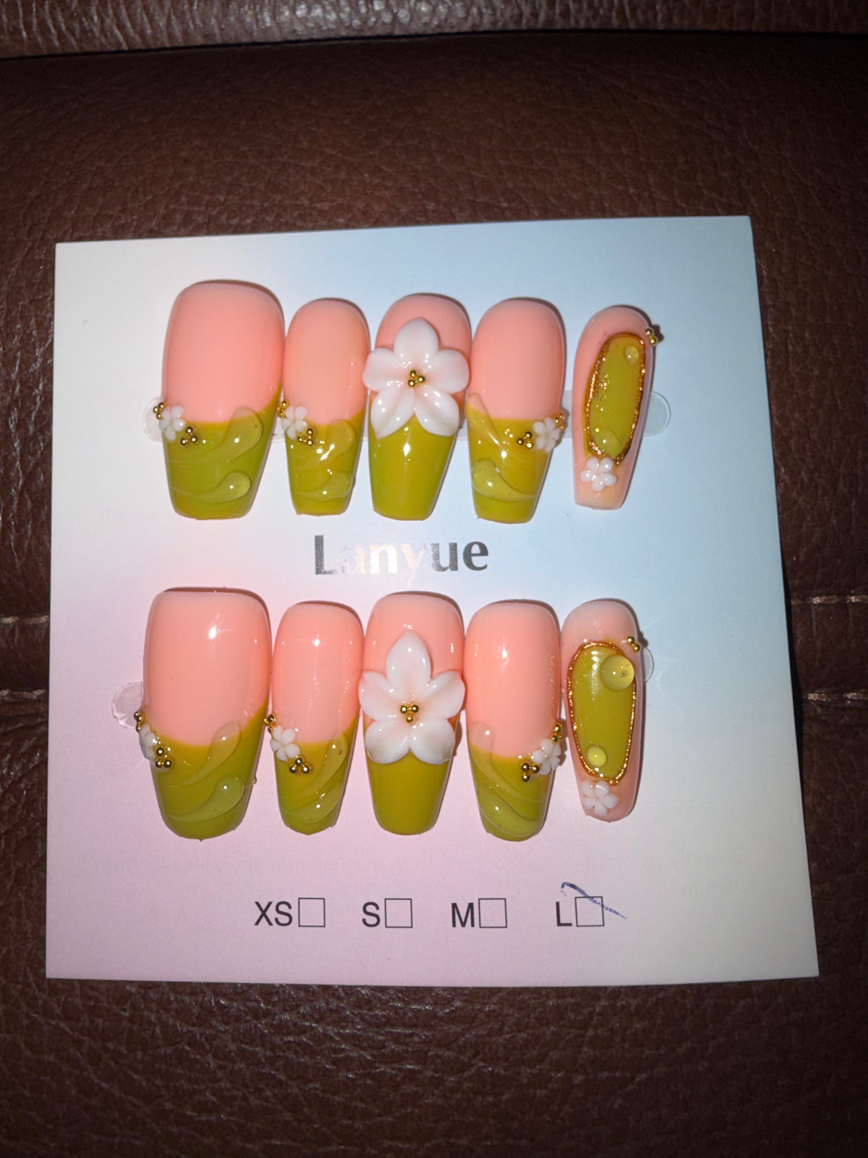 Green floral press ons