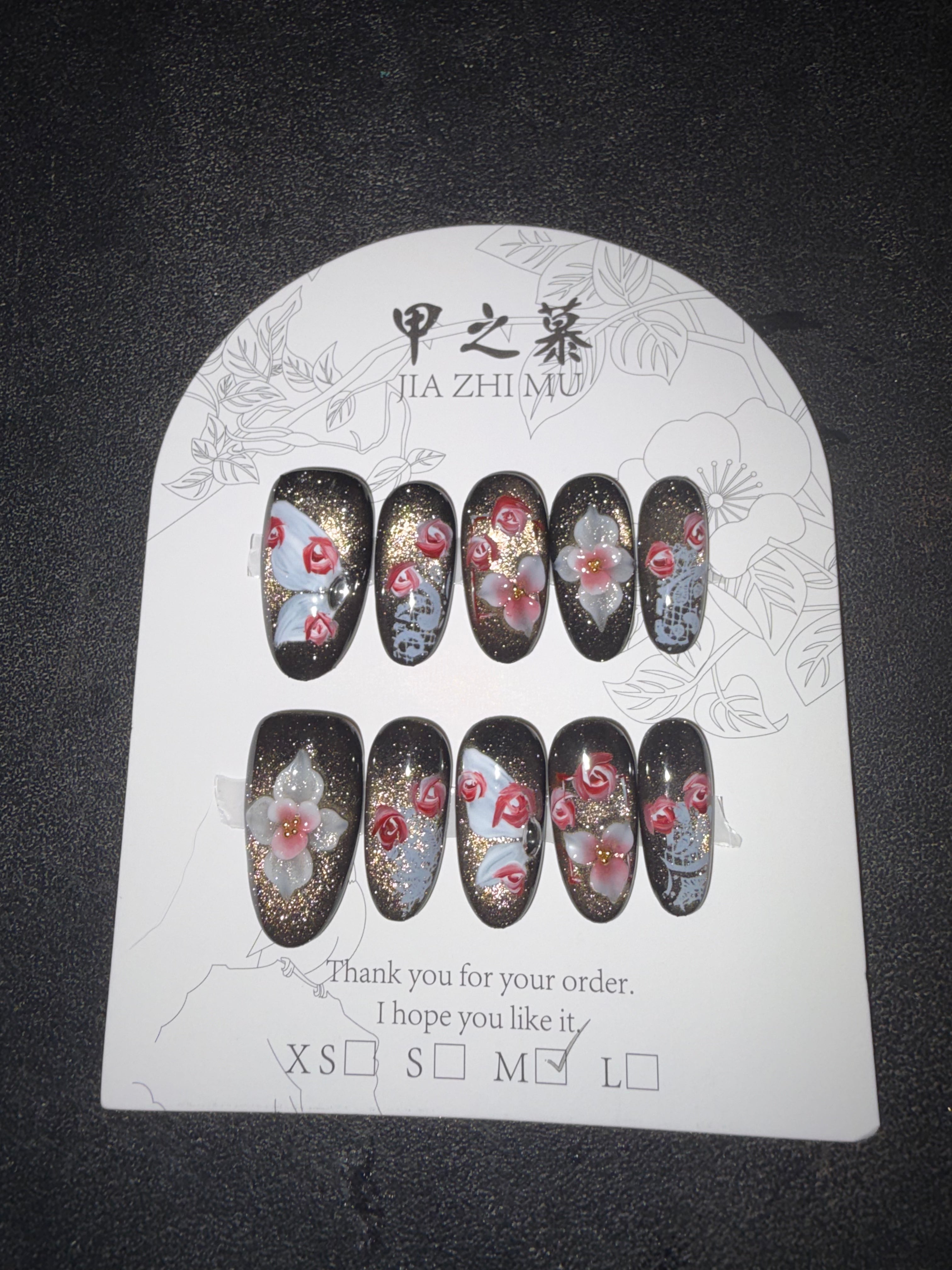 Black Floral Butterfly Jia Zhi Mu nail set