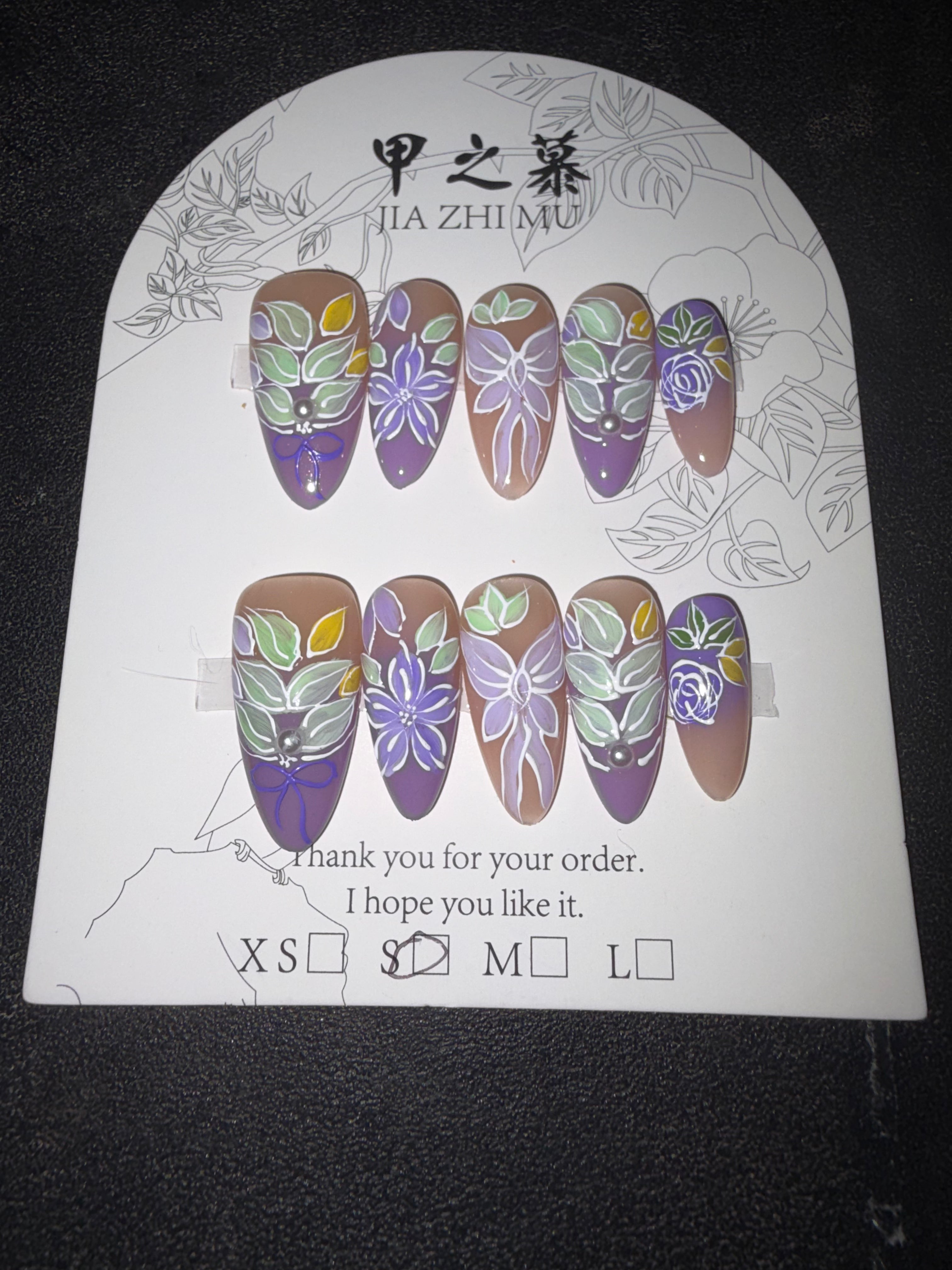 Purple Floral white Jia Zhi Mu nail set