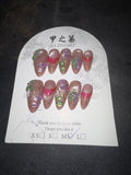 Pink green gold florals Jia Zhi Mu nail set