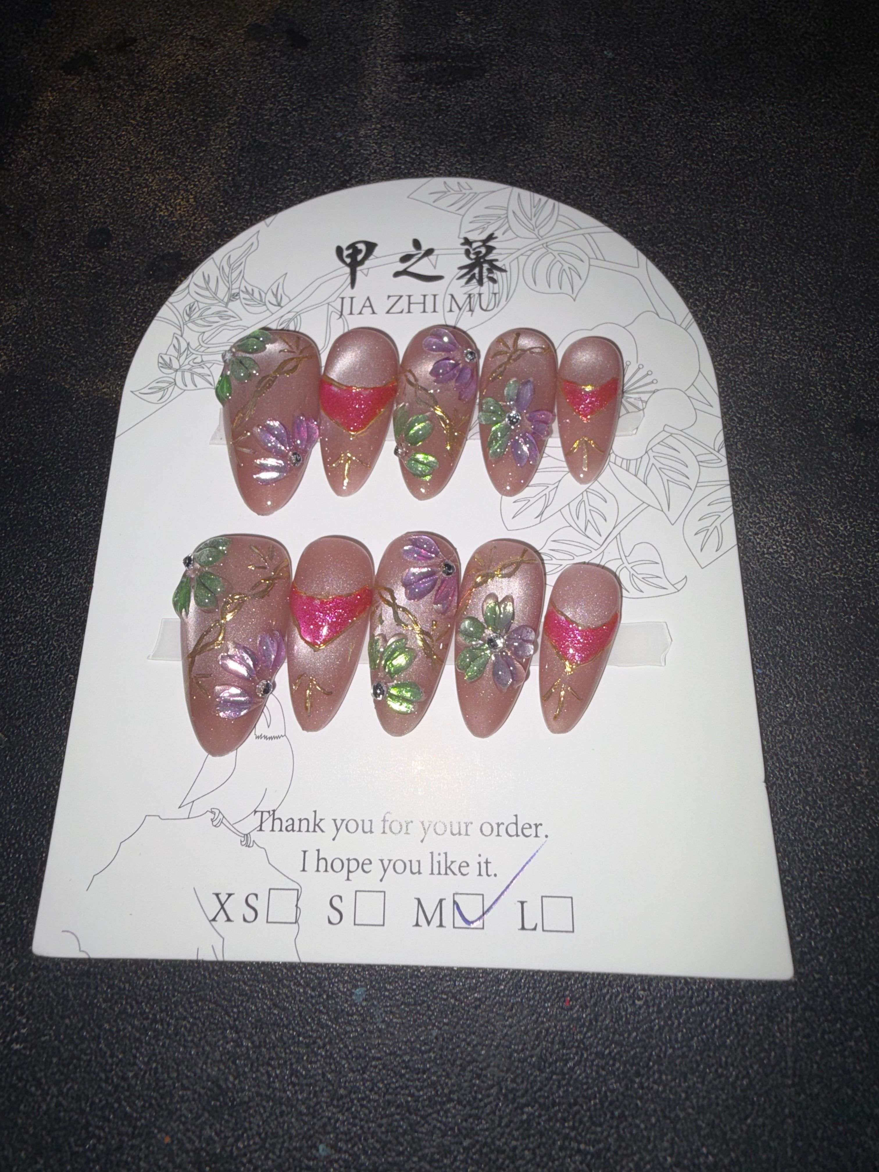 Pink green gold florals Jia Zhi Mu nail set