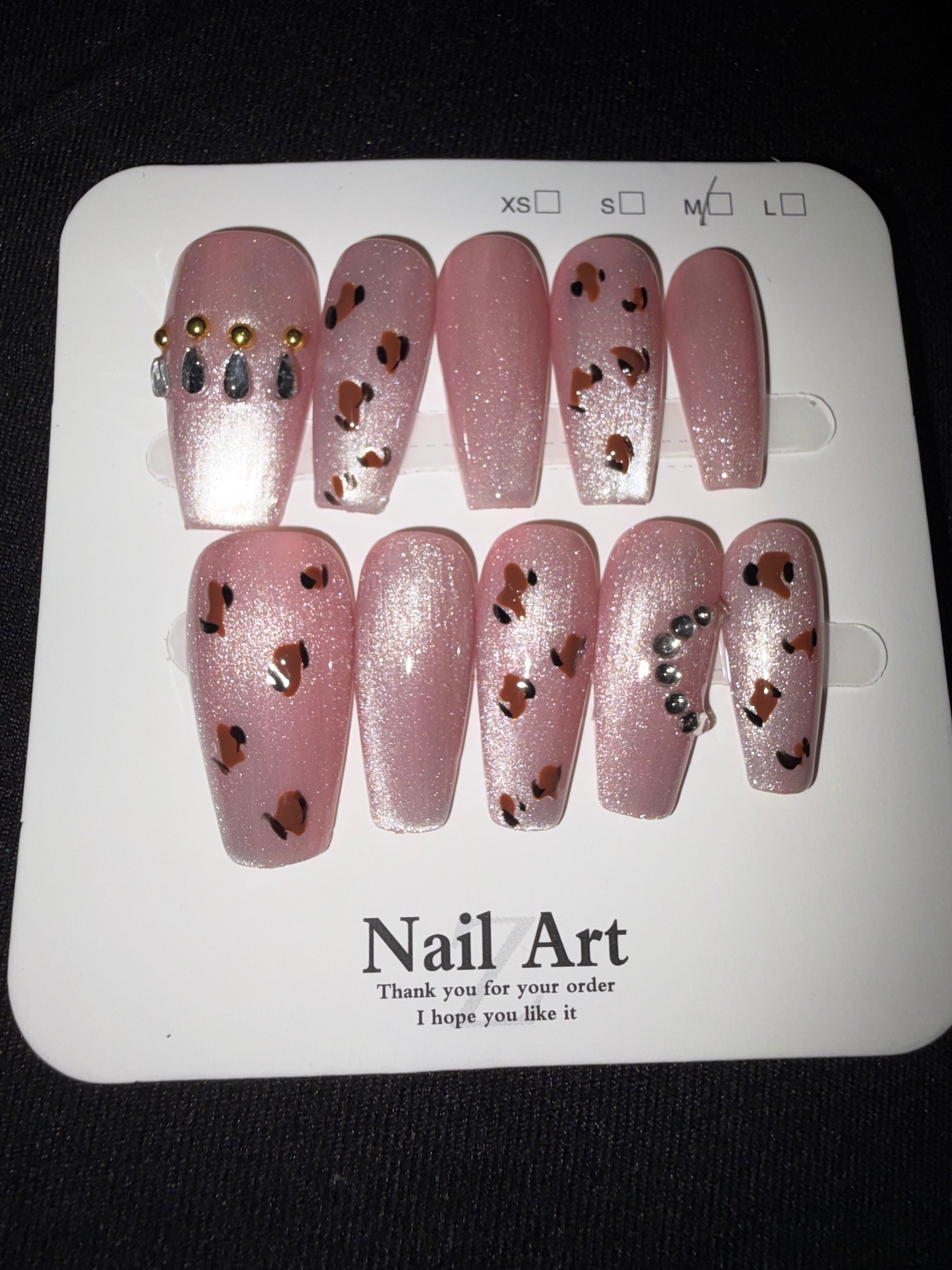 Pink cheetah rhinestones press on nails