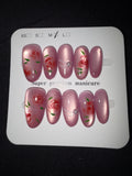 Pink cateye with roses press on nails